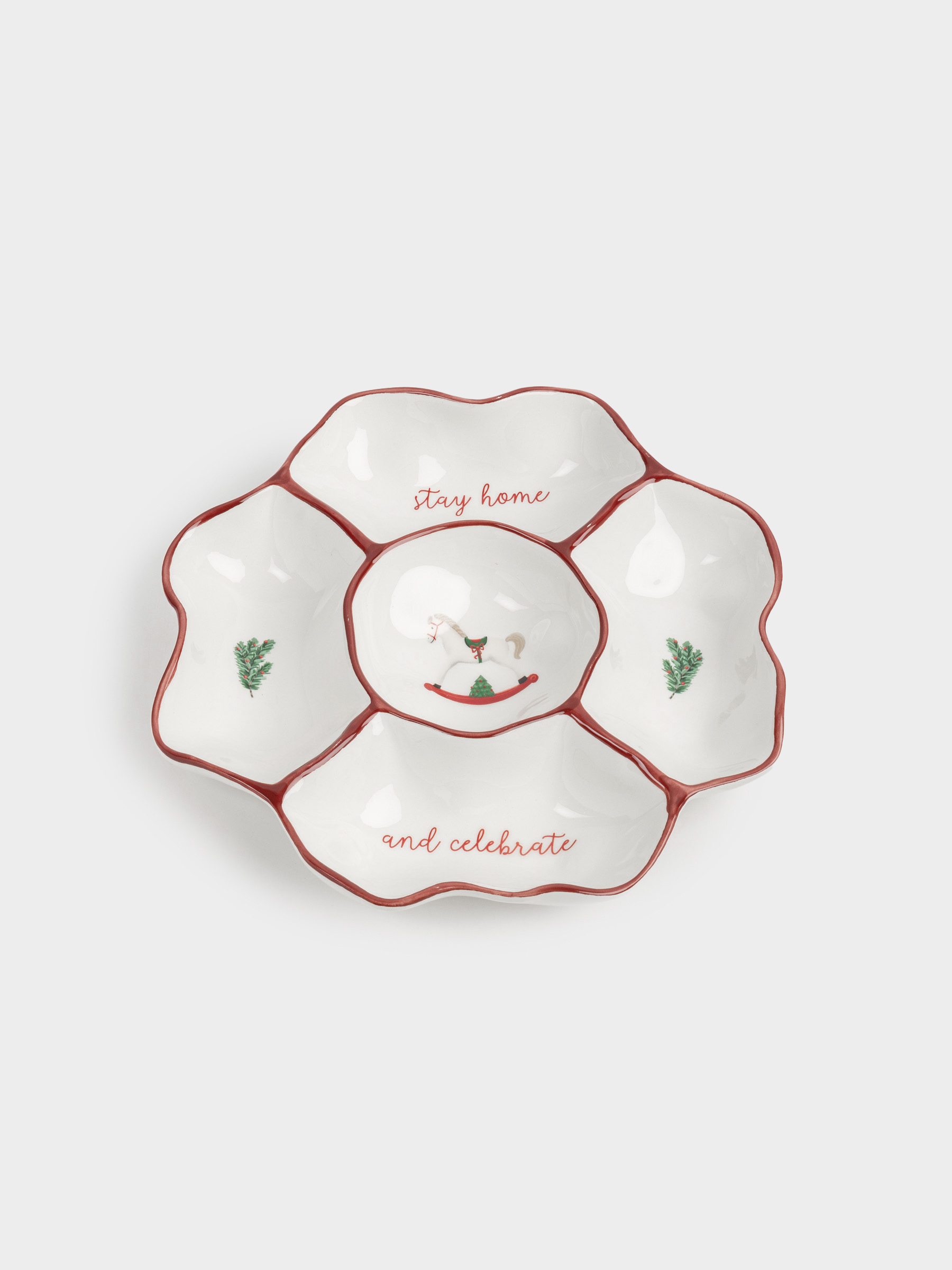 Divided plate, 25 cm, 5 compartments, ceramics, Horse and fir branches, Christmas tree, image-2