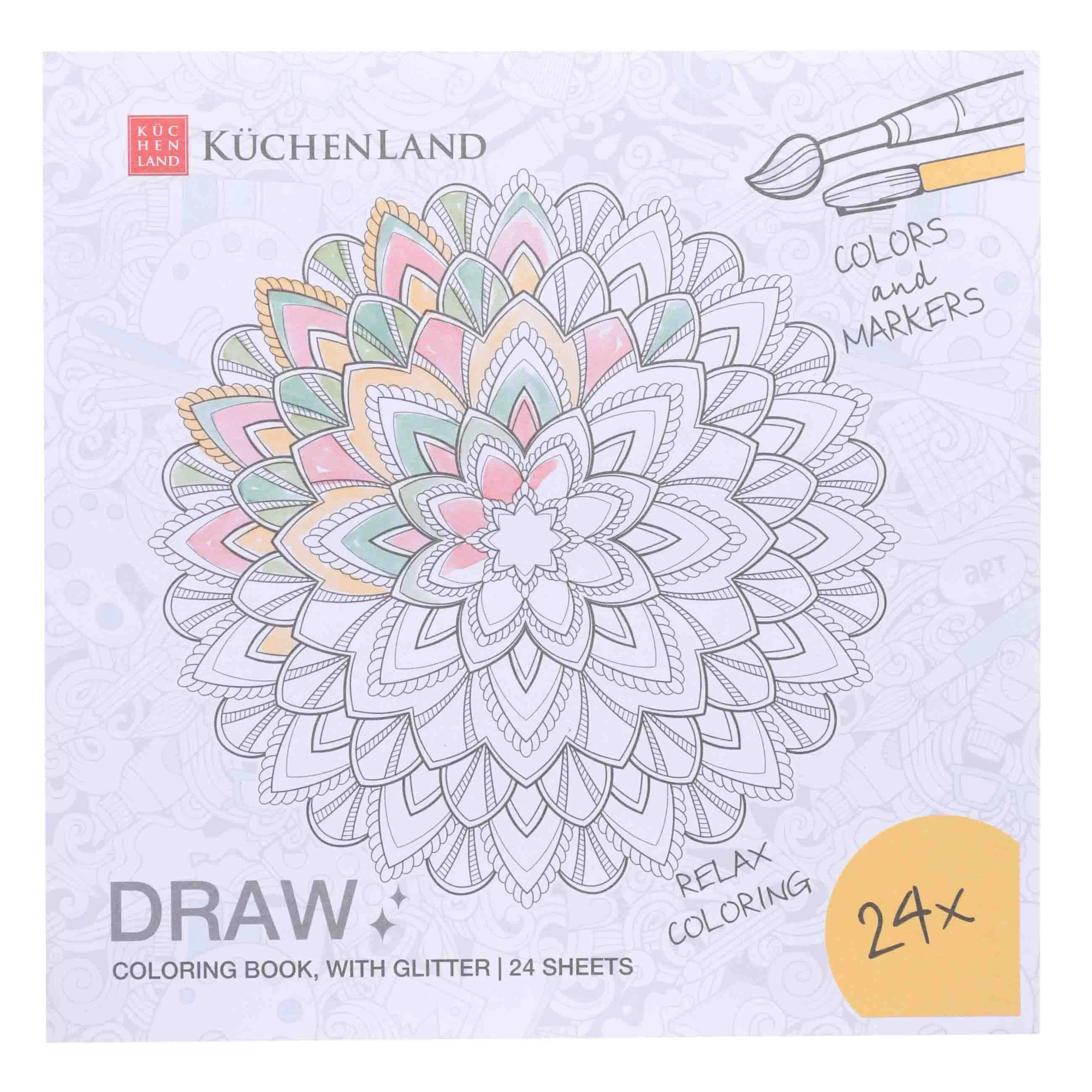 Coloring book, 20x20 cm, 24 sheets, with glitter, Patterns and animals, Draw, image-0