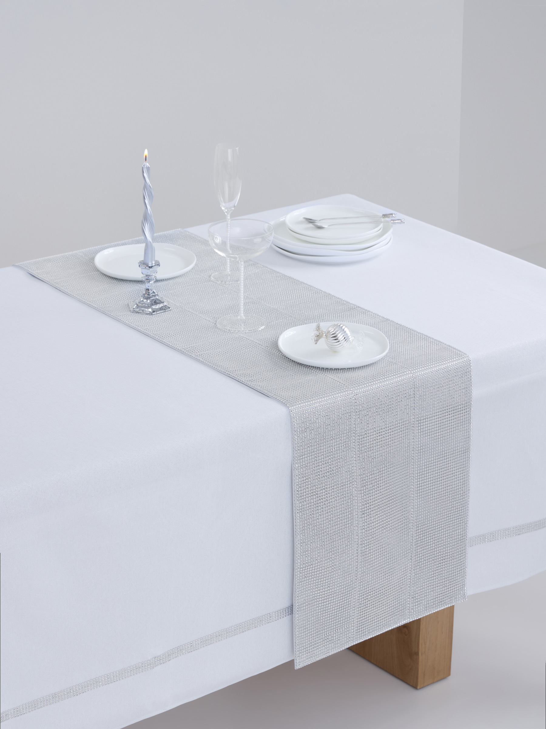 Table runner, 40x160 cm, with rhinestones, polyester / plastic, Silver, Rhinestones, image-5