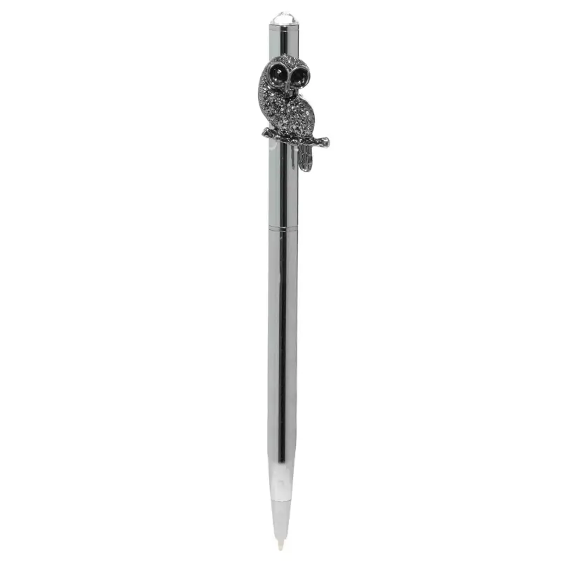 Ballpoint pen, 14 cm, with a figure, steel, black and silver, Owl, Draw figure ,image-0