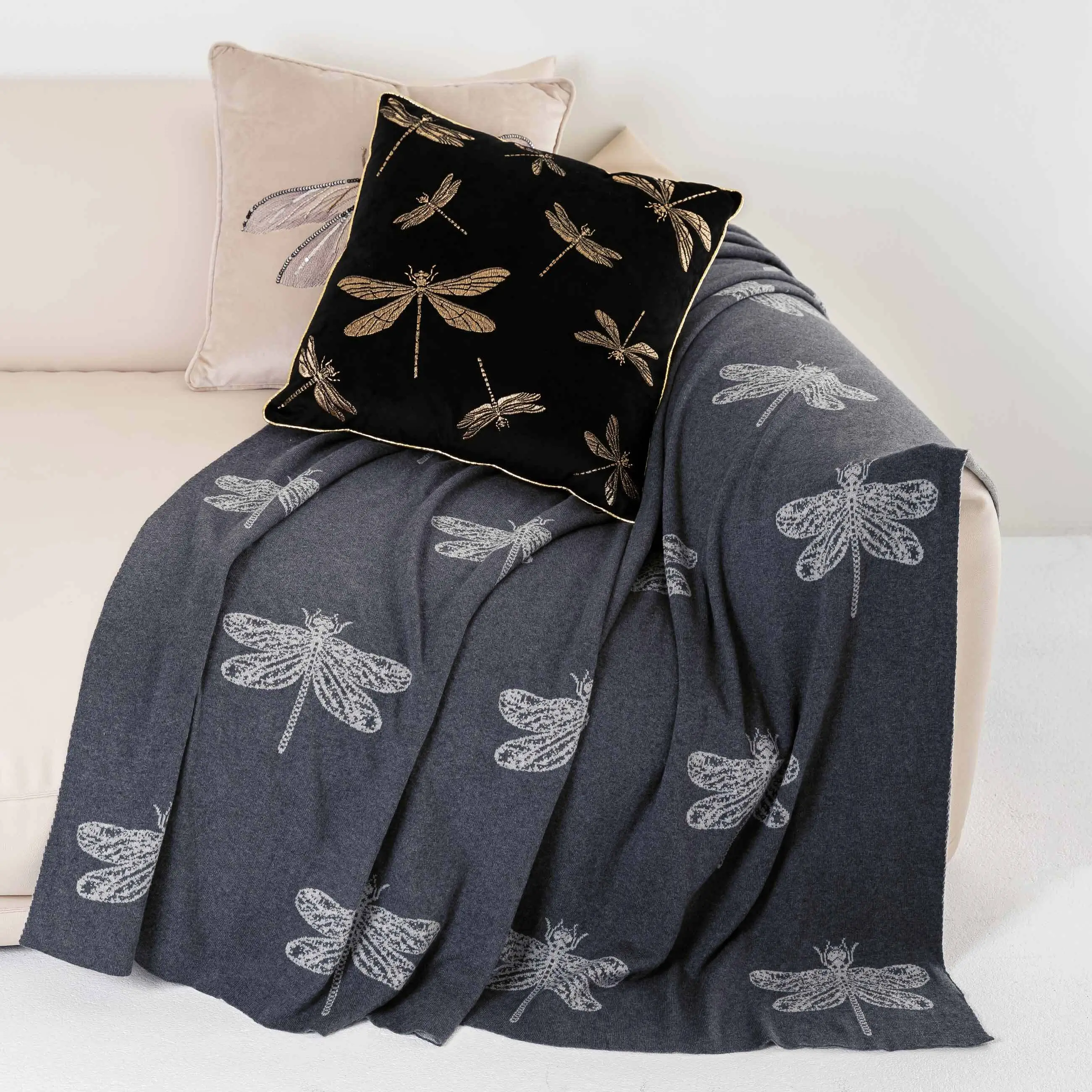 Plaid, 130x170 cm, cotton, double-sided, grey, Dragonfly, Dragonfly