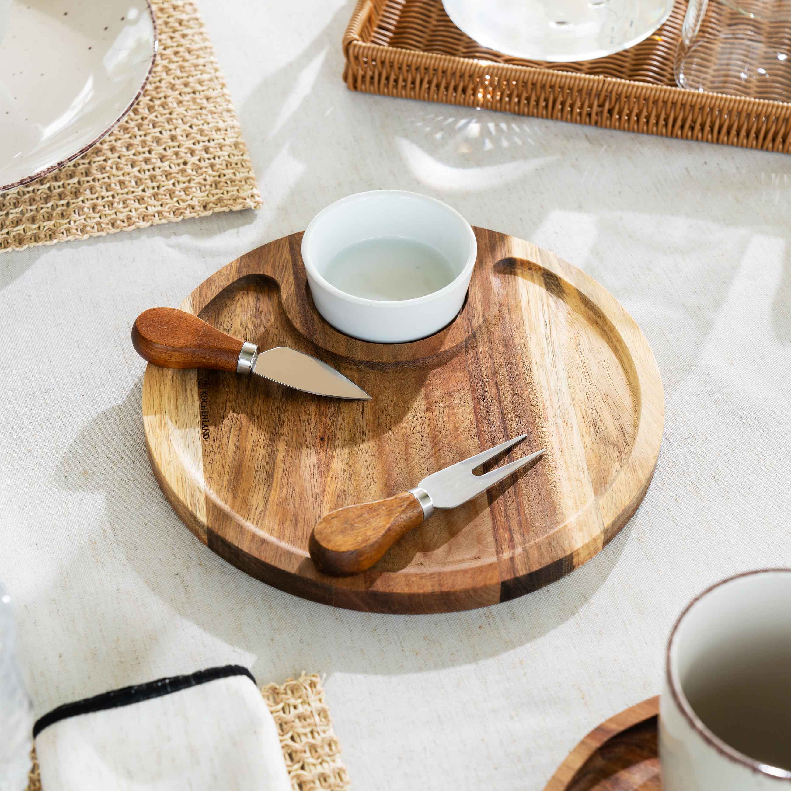Cheese set, 4 pcs, dish board/bowl, steel / ceramic / wood, Circle, Noble tree