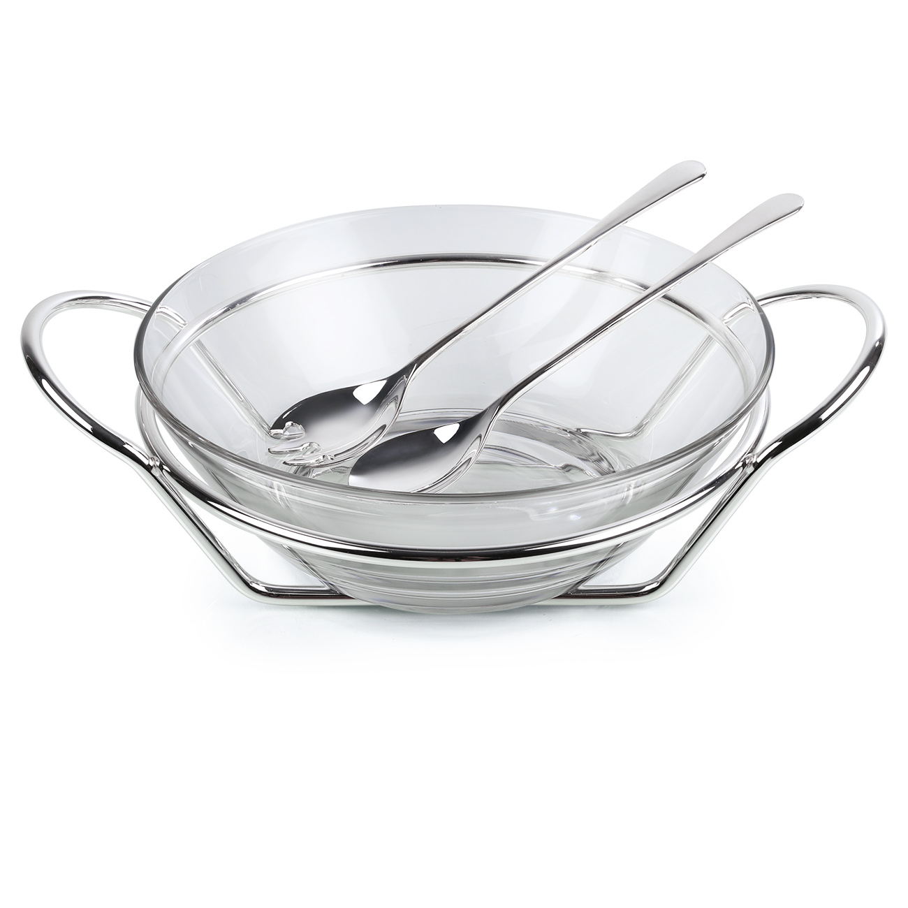 Salad bowl, 35x27cm, 2 l, 3 items, with spoon / fork, on a stand, glass / metal, Fantastic