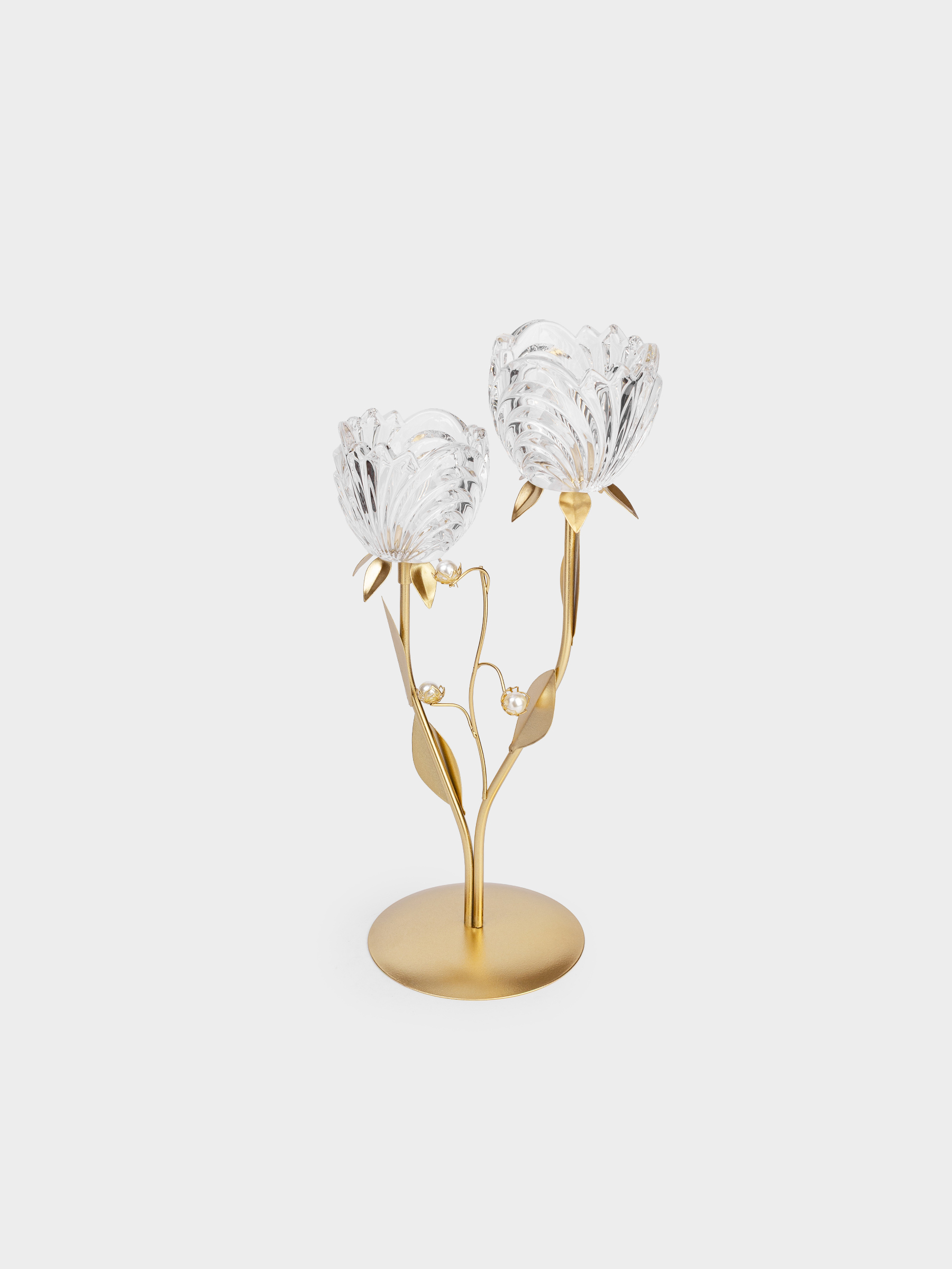 Candle holder, 39 cm, 2 tea candles, glass / metal, bronze, Flowers with beads, Fantastic flowers, image-2