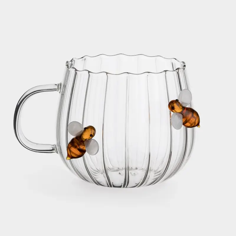 Mug, 400 ml, glass B, Bee and flower, Camellia shape ,image-0