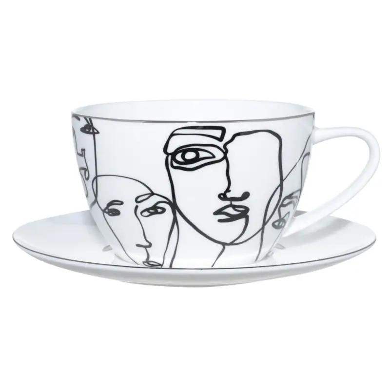 Pair of tea bags for breakfast, 1 pers, 2 items, 480 ml, porcelain F, white, Contoured faces, Face