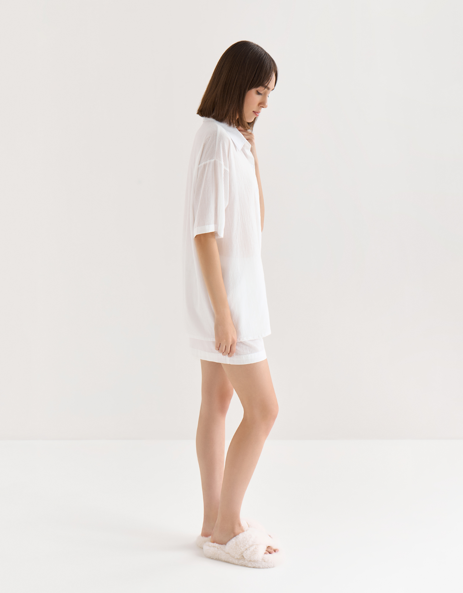 Women's shirt, homewear, size L, with short sleeves, cotton, white, Stripes, Leticia, image-3