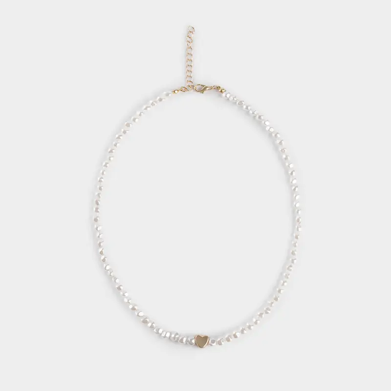 Choker, 38 cm, plastic / glass, white and gold, Heart, Pearl heart