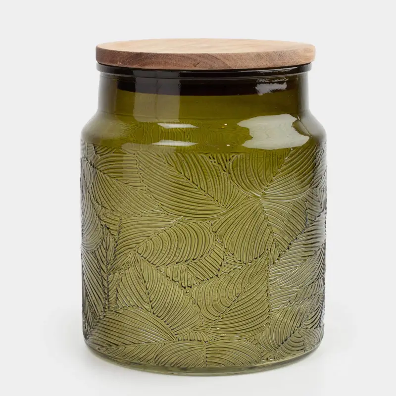 Bulk products jar, 1 l, glass / wood, green, Tropical leaves, Tropical leaves ,image-0
