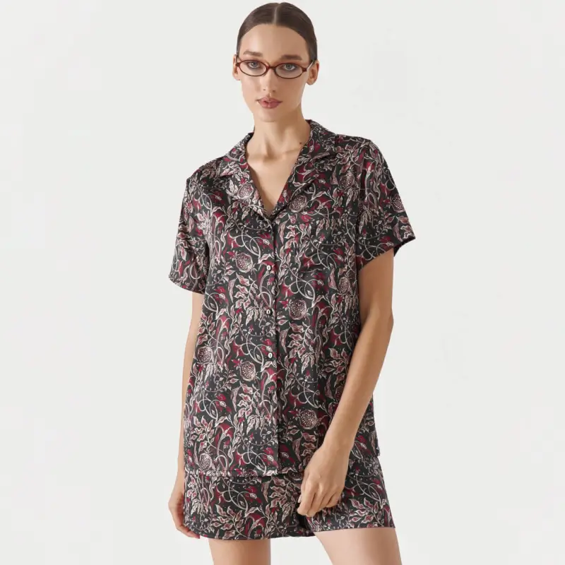 Women's shirt, homewear, size M, with short sleeves, Polyester / elastane, Black, Pomegranates, Greta