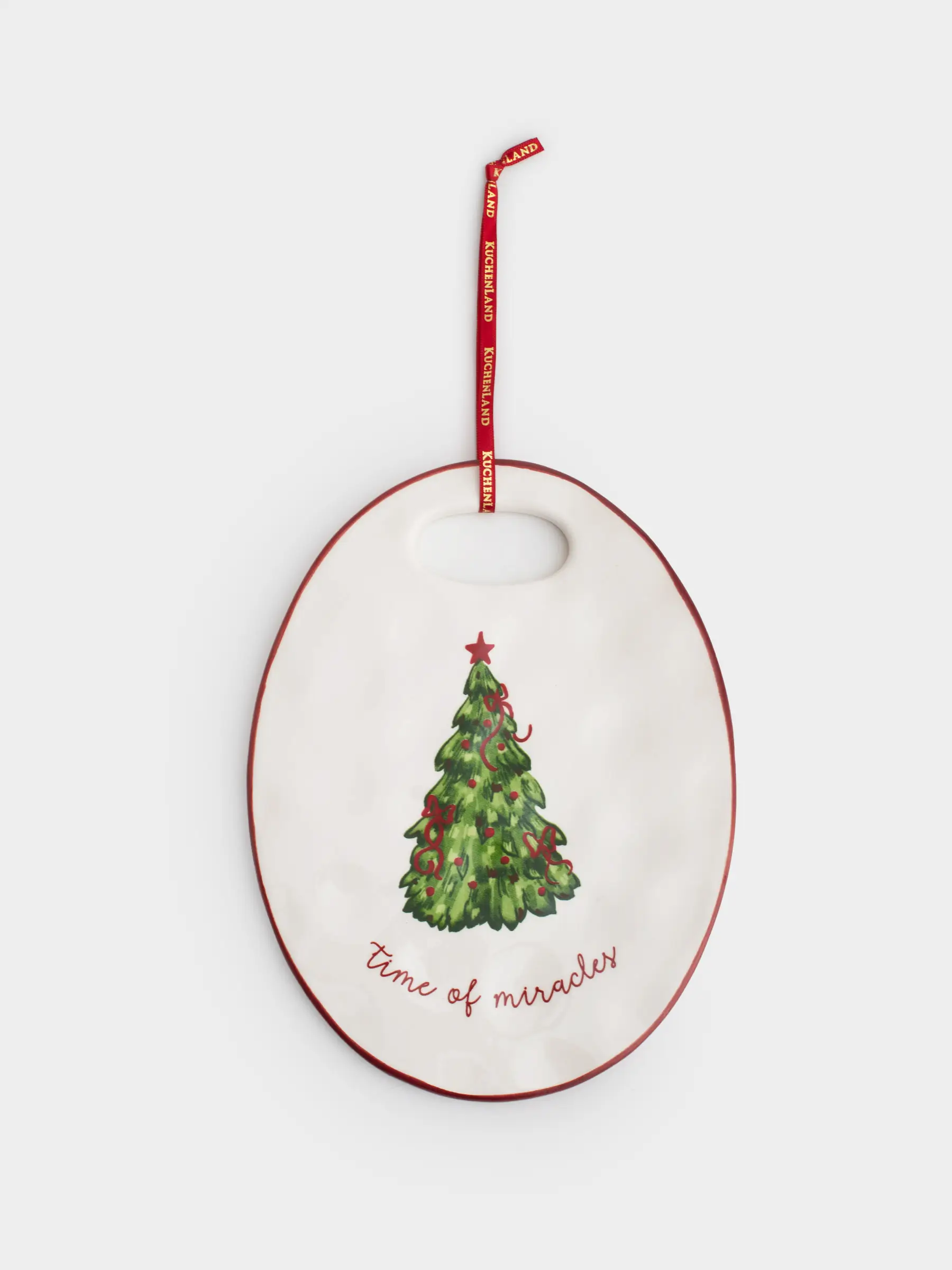 Hot trivet, 15x20 cm, ceramic / cork, Oval, Christmas tree with bows, Christmas tree