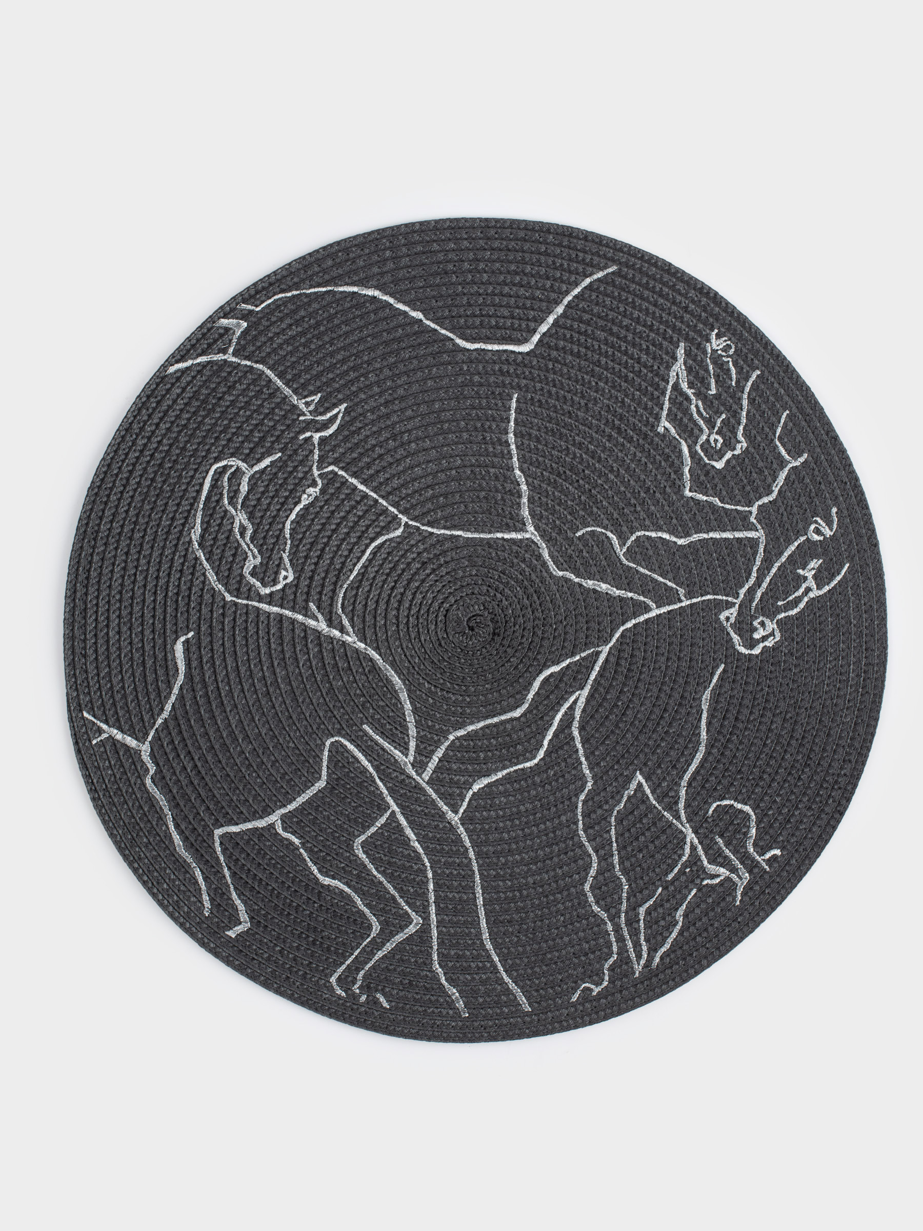 Placemat, 38 cm, polyester, round, dark grey, Horses, Circle embroidery, image-0