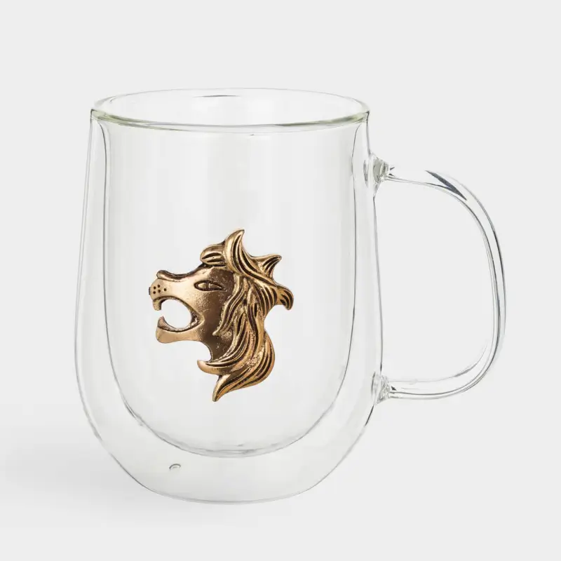 Mug, 350 ml, glass B, gold, Lion, Air zodiac