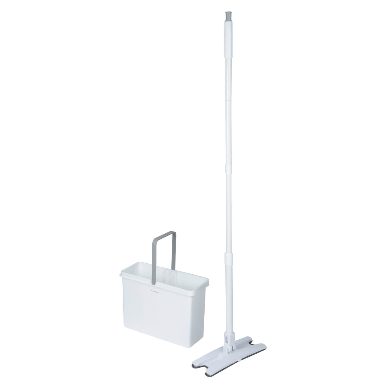 Mop with bucket, wringing and rinsing, curly, white-gray, Mop