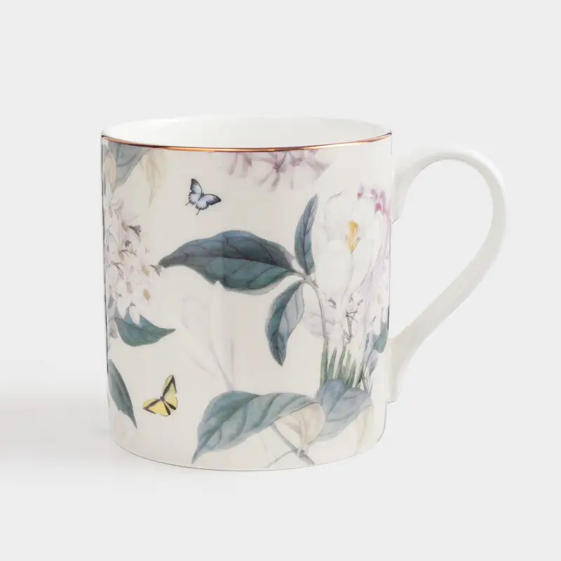 Mug, 380 ml, porcelain F, beige, with golden edging, Flowers and butterfly, Bloome ,image-0