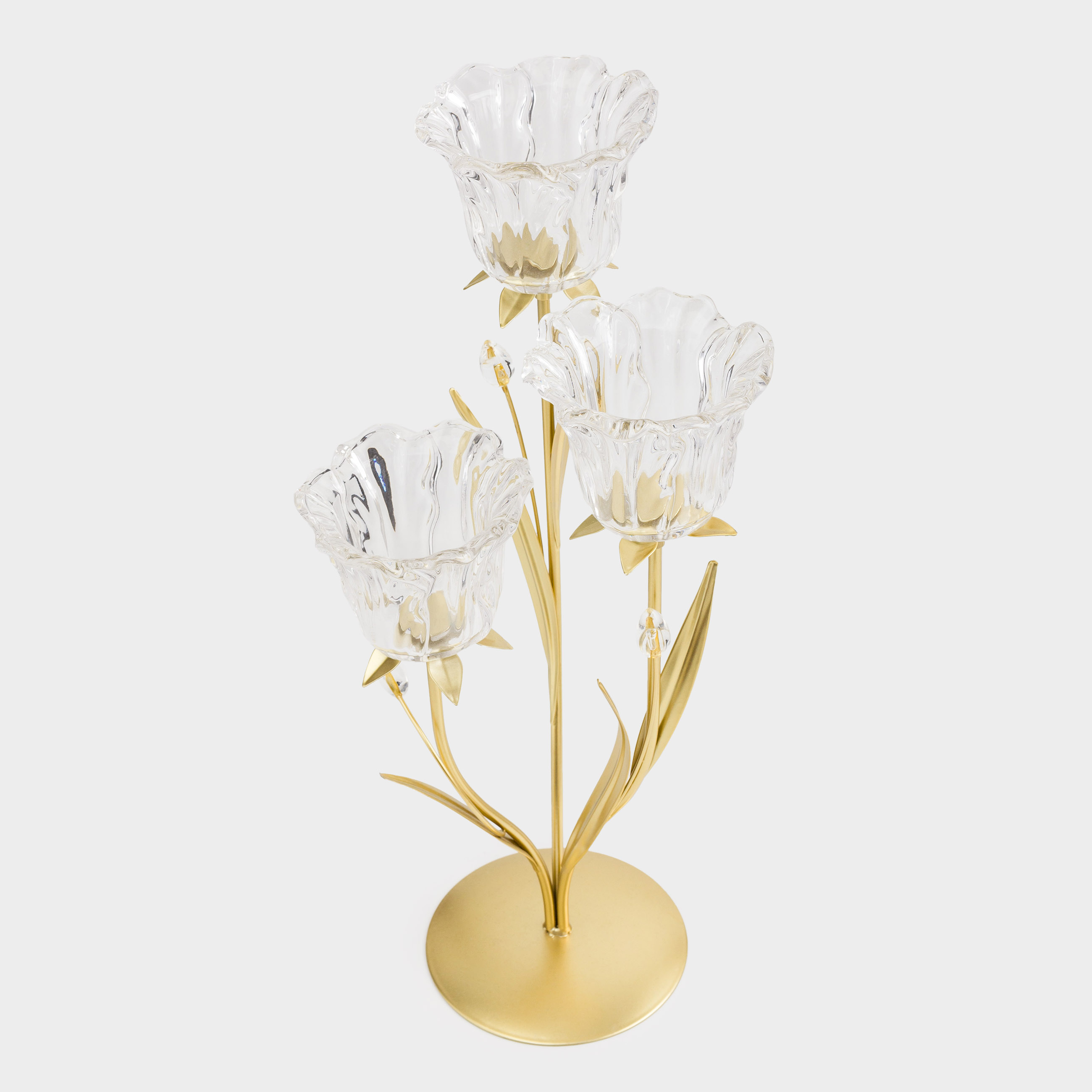 Candlestick, 45 cm, 3 tea candles, glass / metal, golden, Flowers, Fantastic flowers, image-1