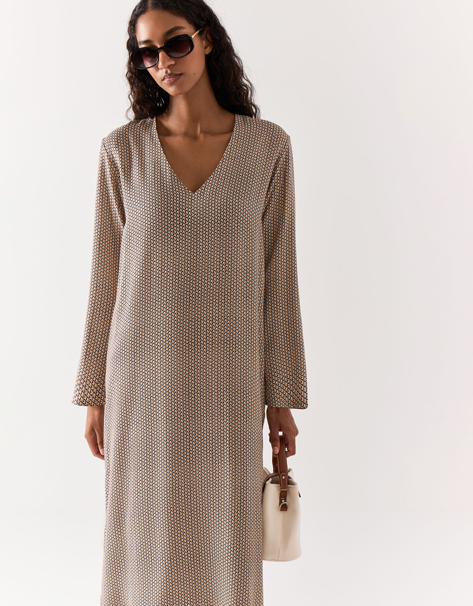 Women's dress, maxi, size L, with long sleeves, viscose, beige, Geometric Pattern, Emri, image-1