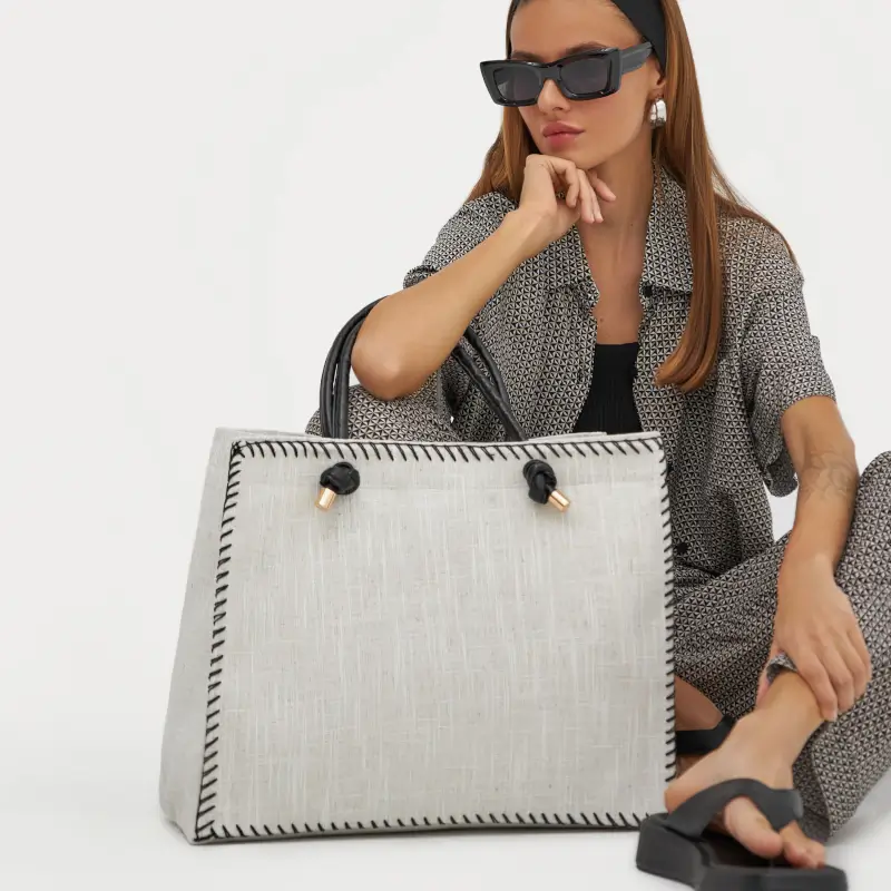 Women's bag, 44x35 cm, with stitches, canvas, beige, Solo ,image-0