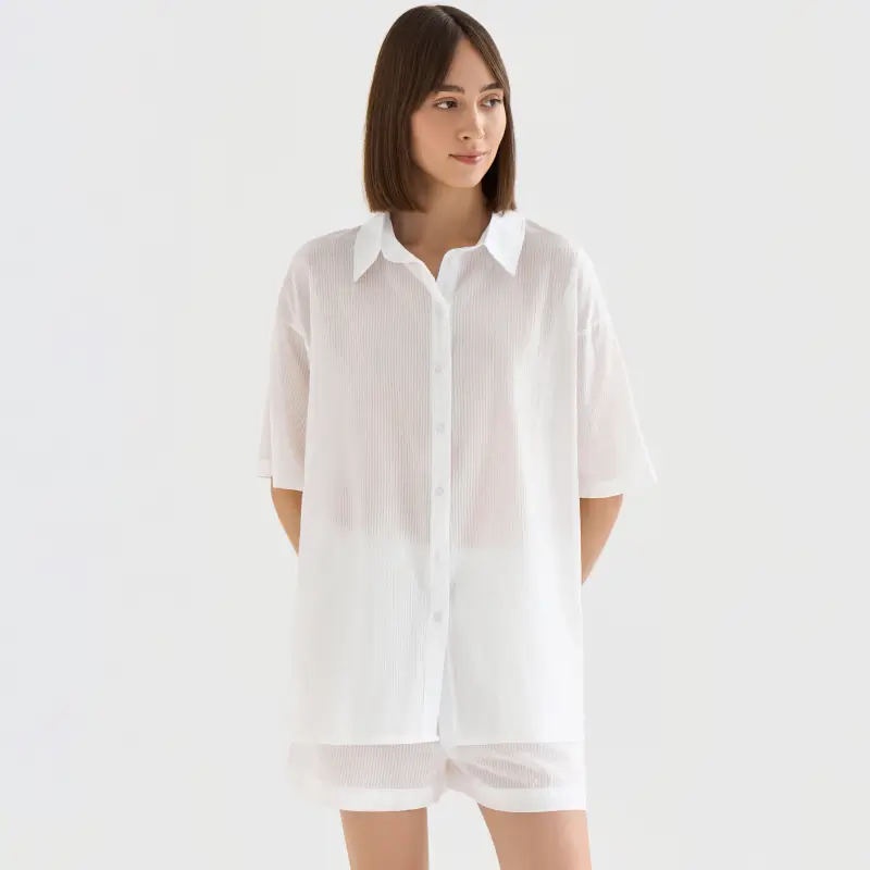 Women's shirt, homewear, size L, with short sleeves, cotton, white, Stripes, Leticia ,image-0
