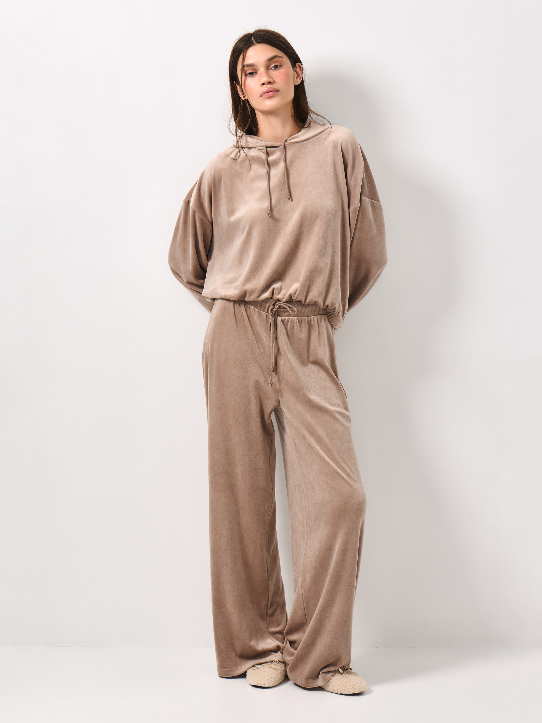 Women's trousers, homewear, size S, wide, velour, sand, Lillian, image-0