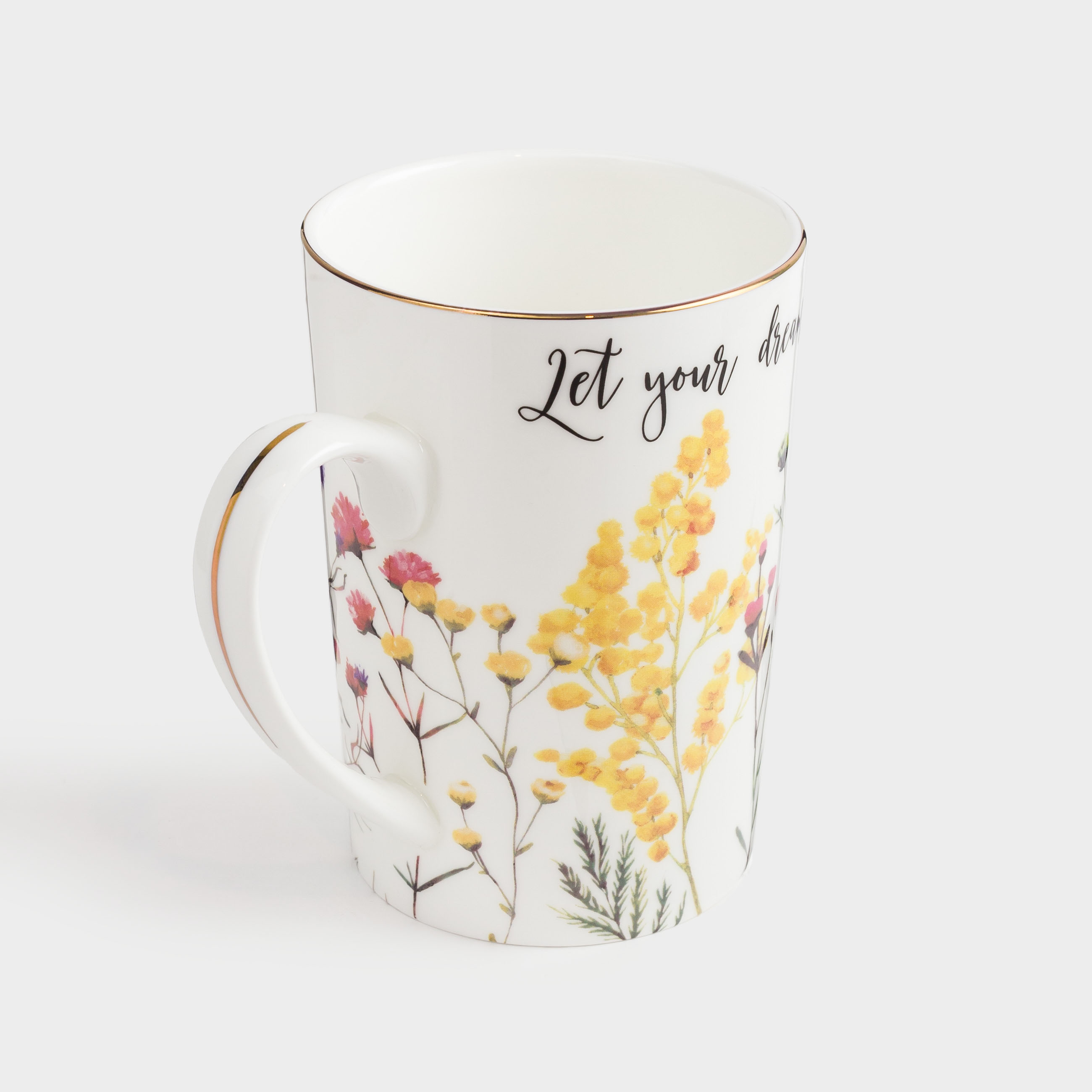 Mug, 450 ml, porcelain F, white, with golden edging, Flowers and mimosa, Flower garden, image-1