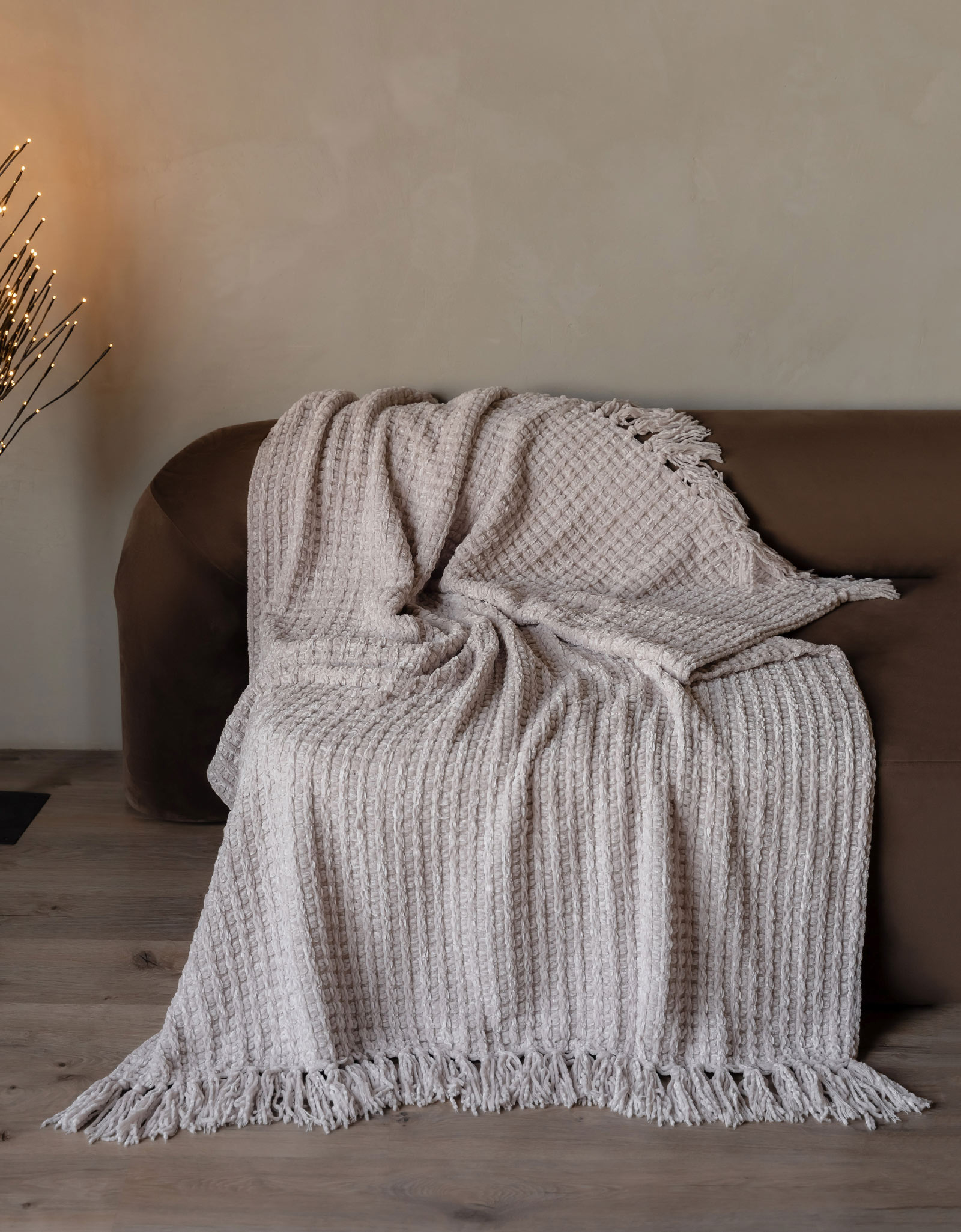 Plaid, 130x160 cm, with fringe, Chenille, sand, Chenill