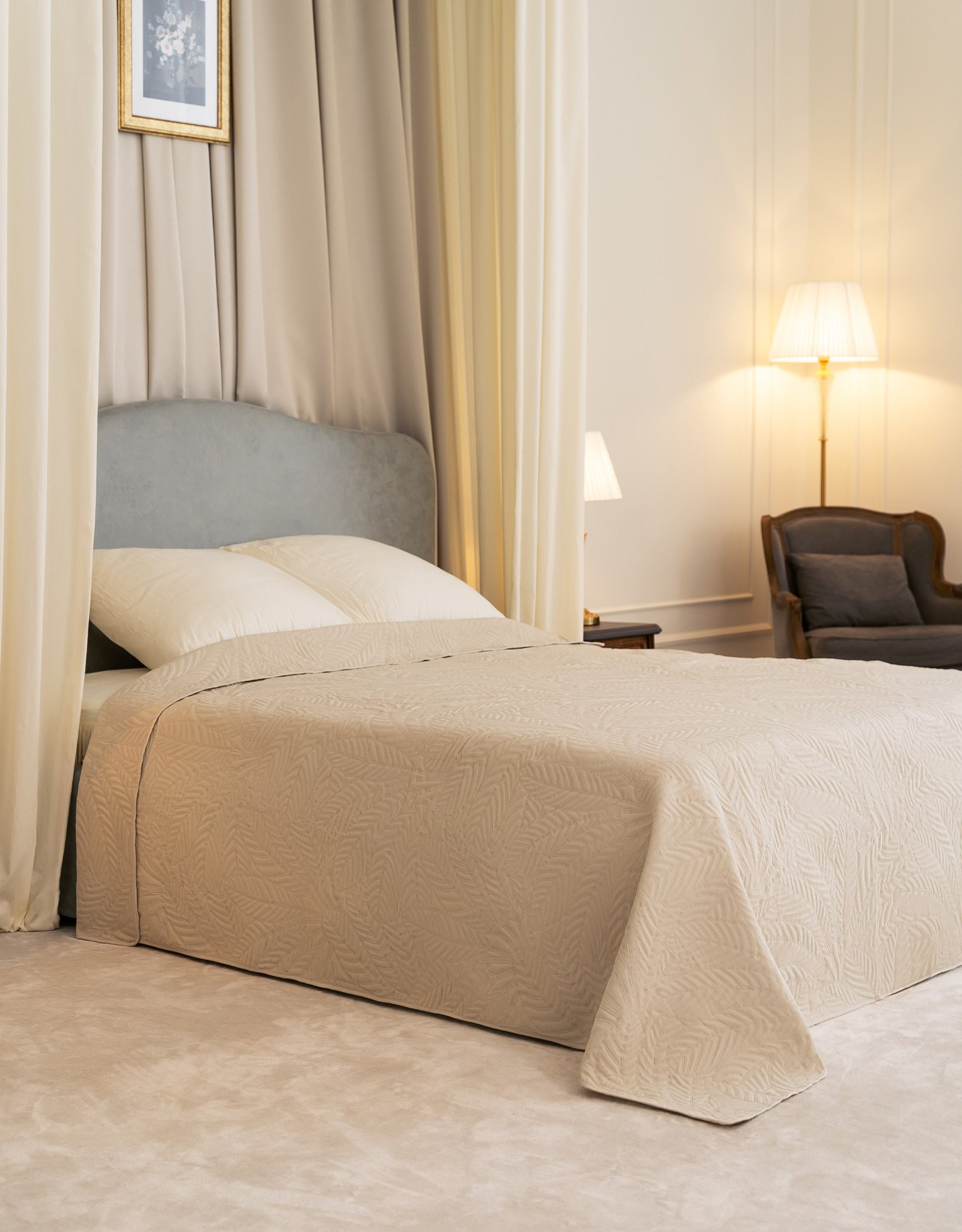 Bedspread, 220x240 cm, quilted, polyester / microfiber, sand, Leaves, Stitch, image-6