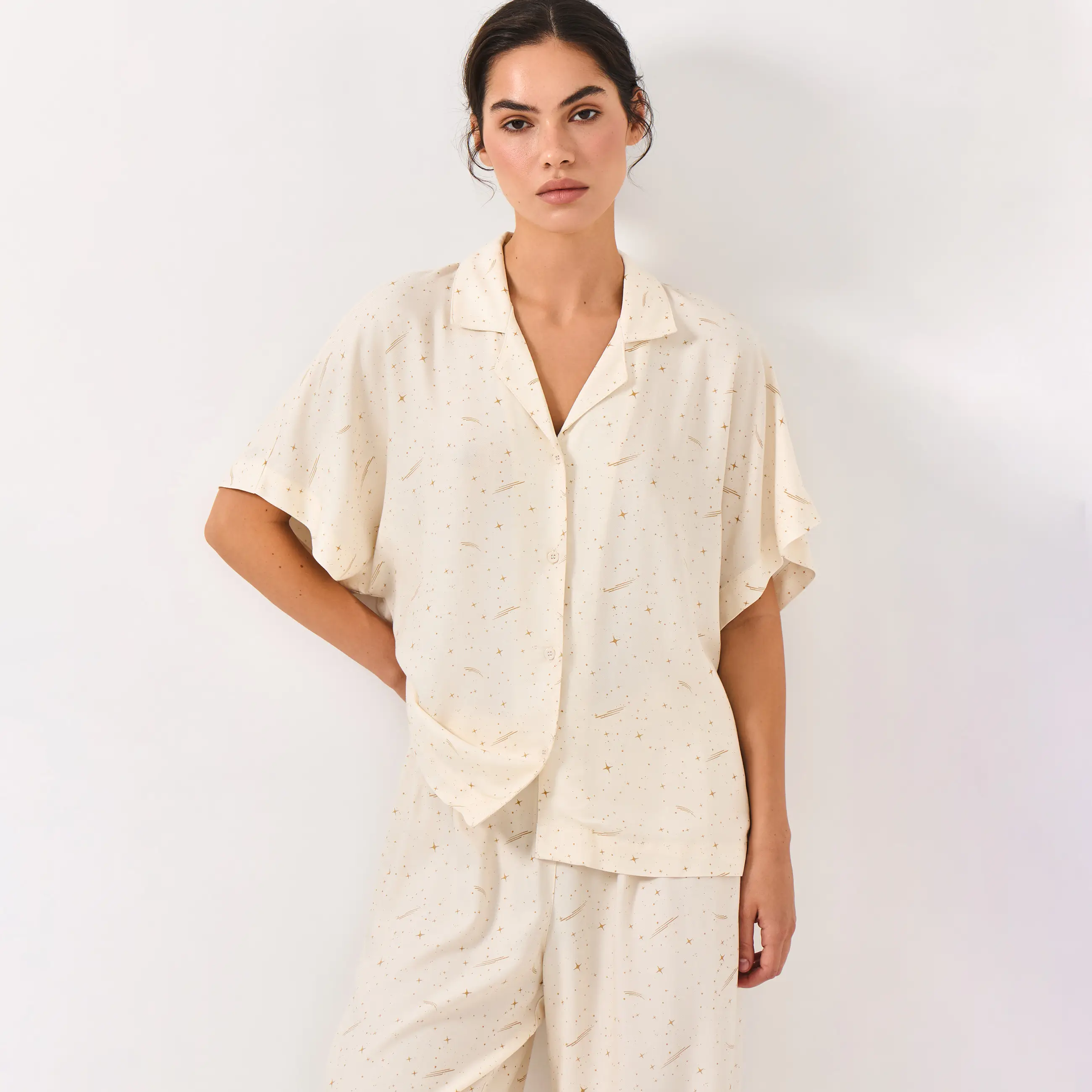 Women's shirt, homewear, size L, with short sleeves, viscose, milky, Stars, Dina