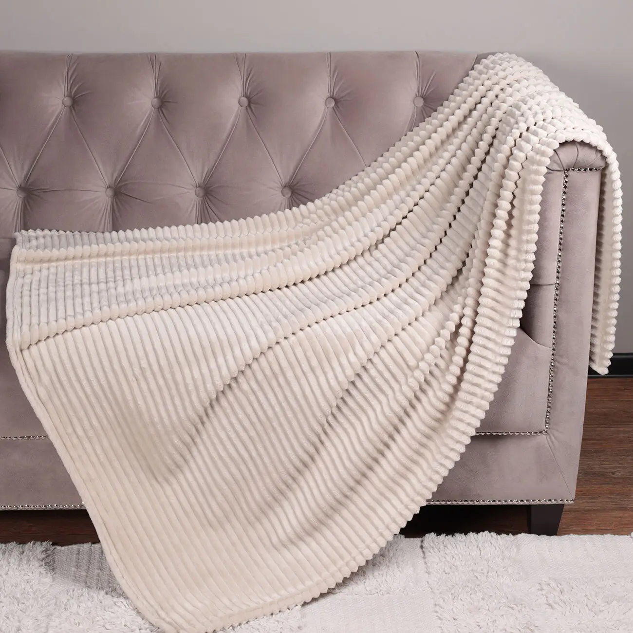 Plaid, 130x170 cm, flannel, sand, Voluminous stripes, Flannel, image-0