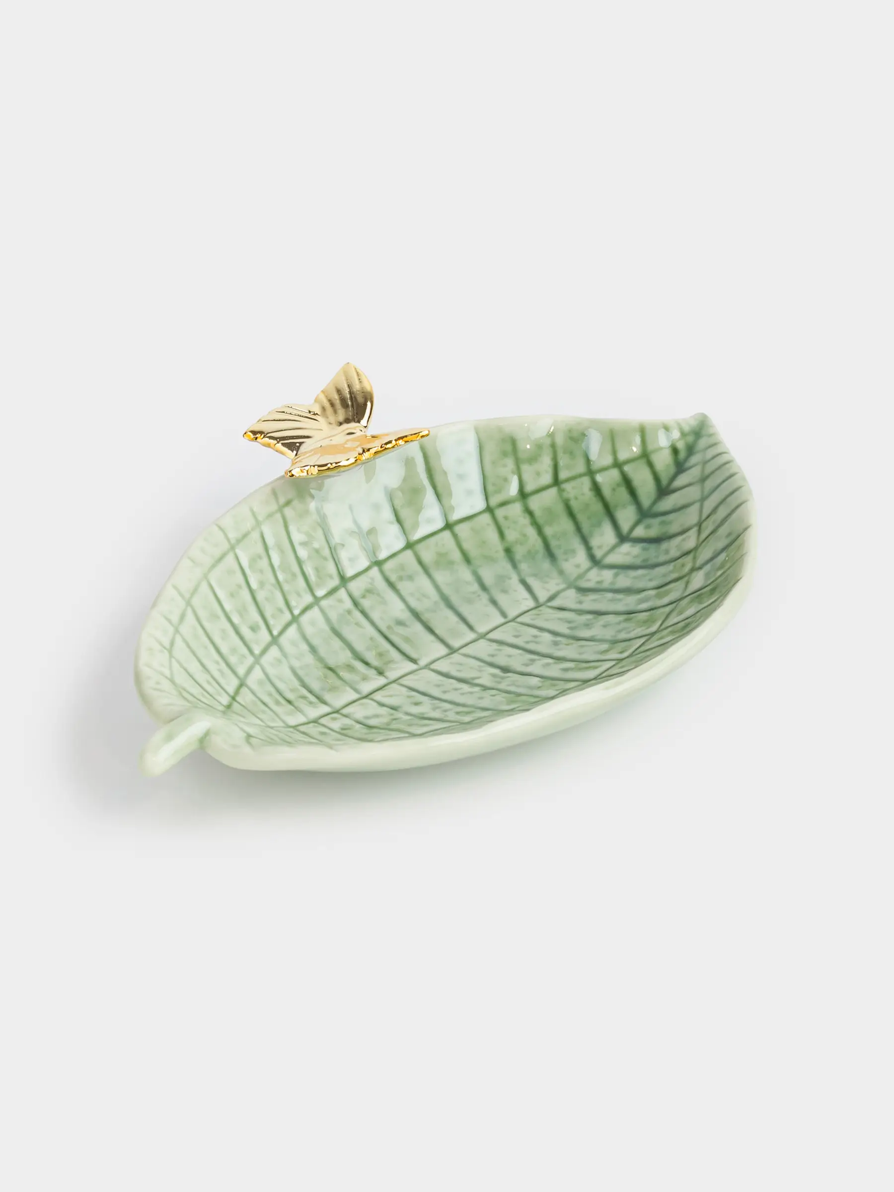 Decorative dish, 20x12 cm, porcelain P, green-gold, Leaf with butterfly, Grand garden, image-0
