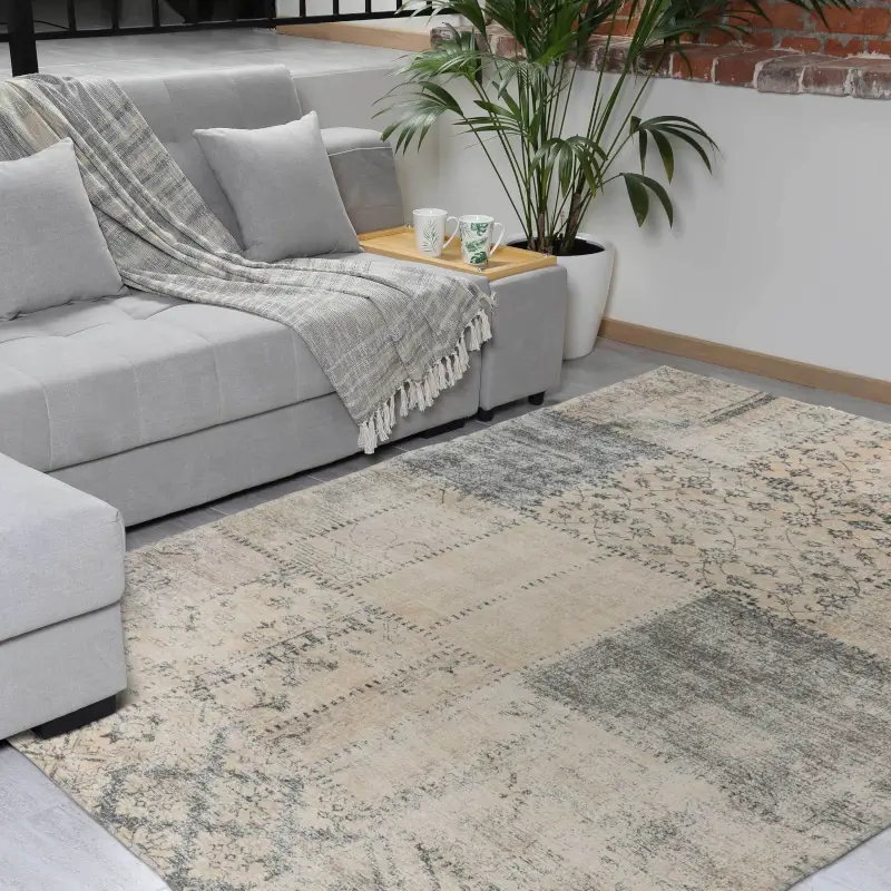 Rug, 150x210 cm, chenille / cotton, beige-brown, Patchwork print, Cave ,image-0