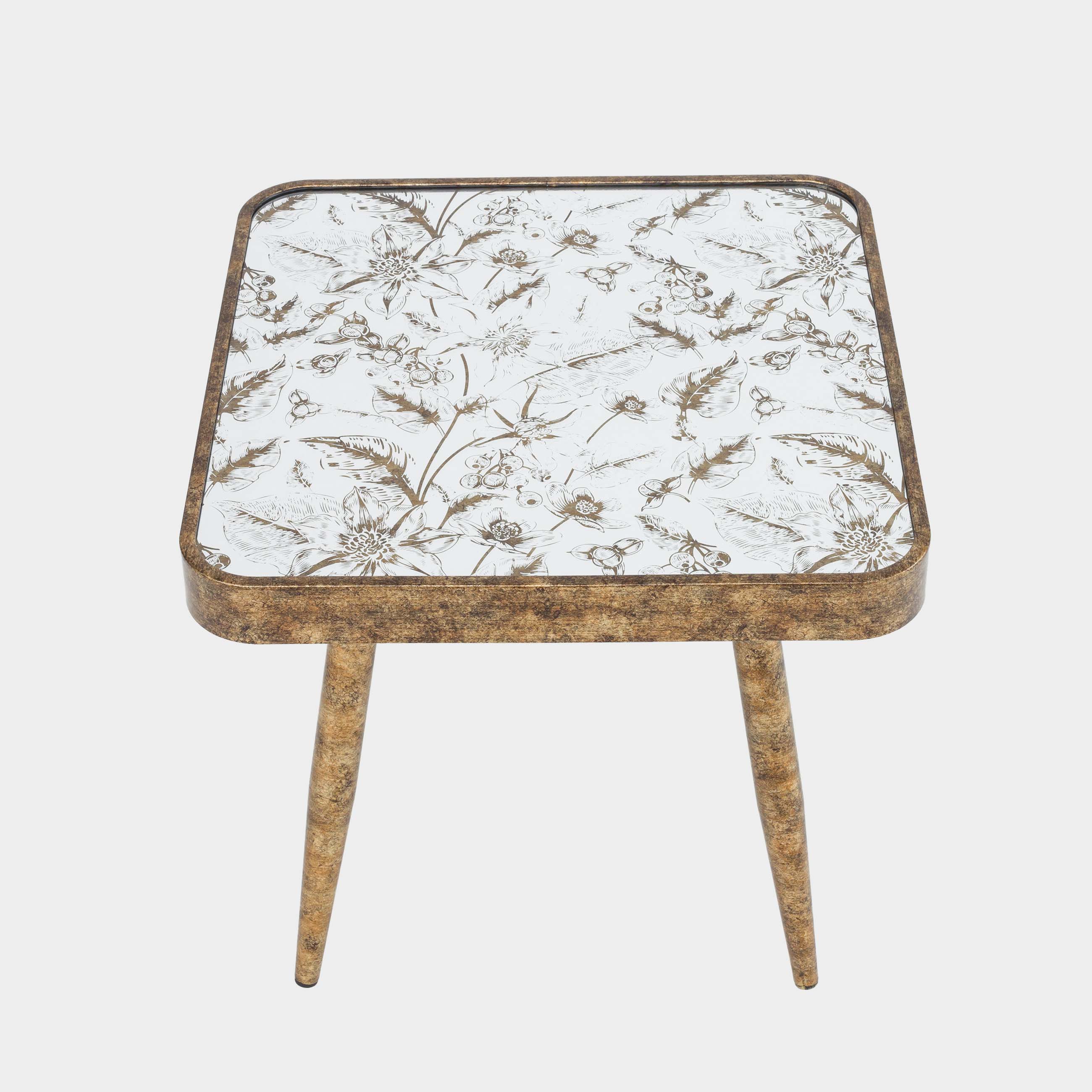 Coffee table, 40x36 cm, glass / plastic, square, golden, Flowers, Floral
