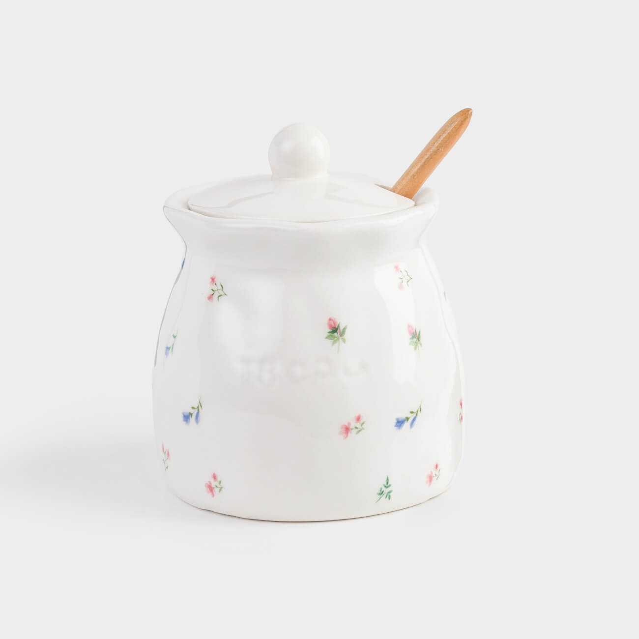 Sugar bowl, 12 cm, 370 ml, with spoon, ceramic / wood, milky, Flowers, El flora