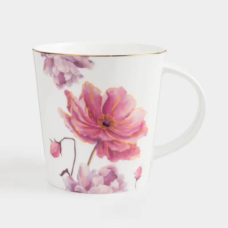 Mug, 450 ml, porcelain F, with golden edging, white, Large flower, Bloome ,image-0