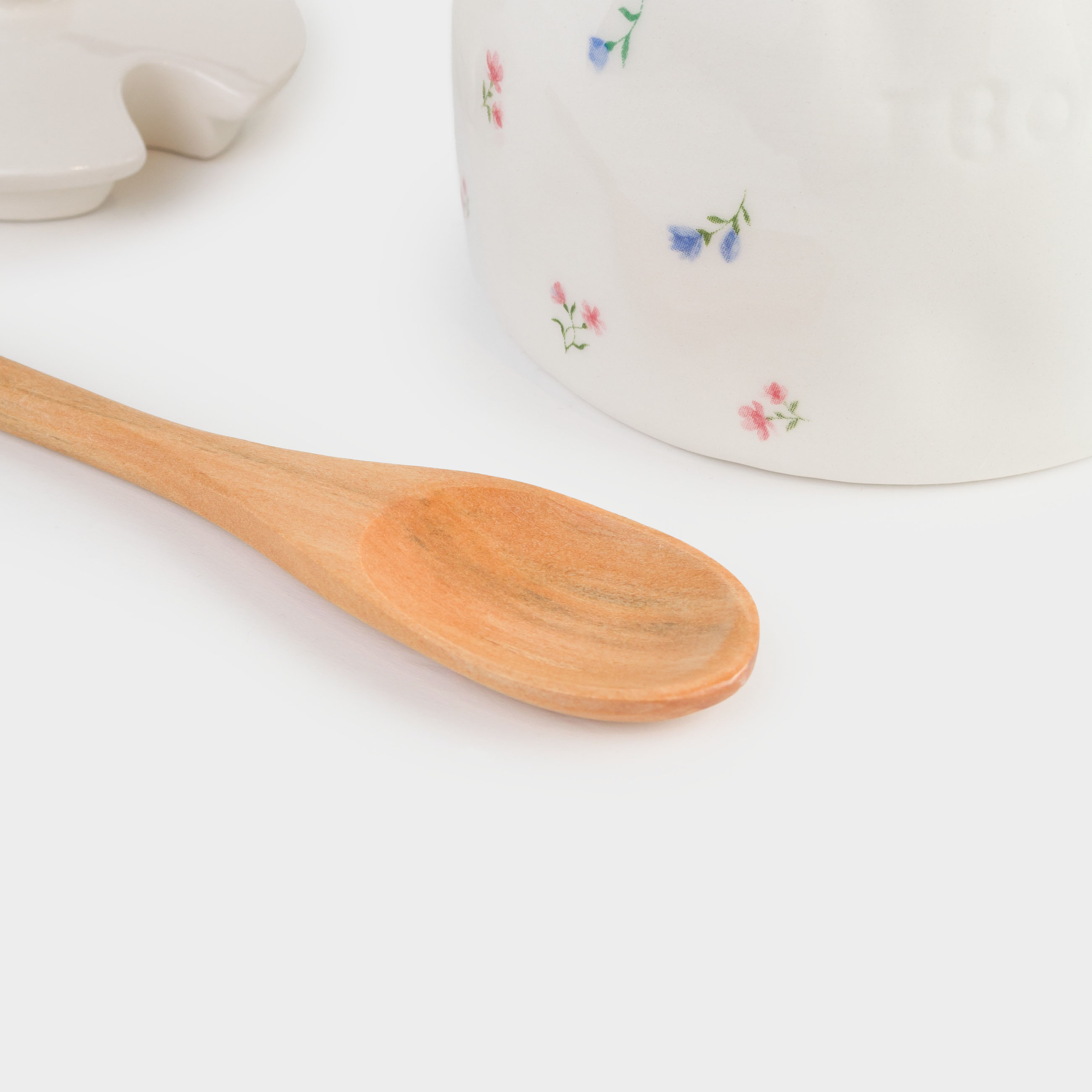 Sugar bowl, 12 cm, 370 ml, with spoon, ceramic / wood, milky, Flowers, El flora