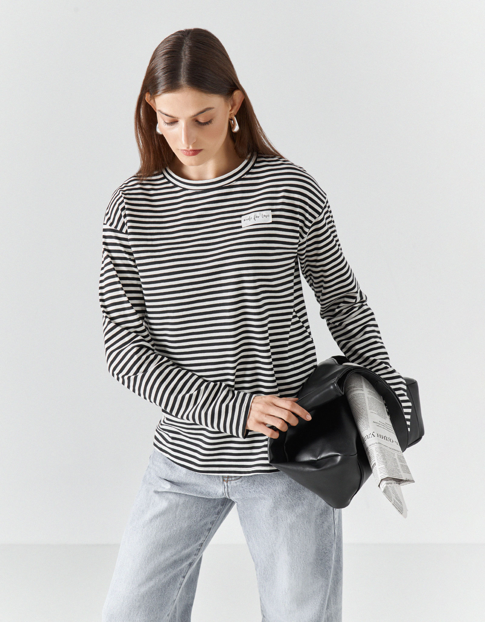 Women's longsleeve, R. S, cotton / elastane, black and white, Stripes, Ninel, image-6