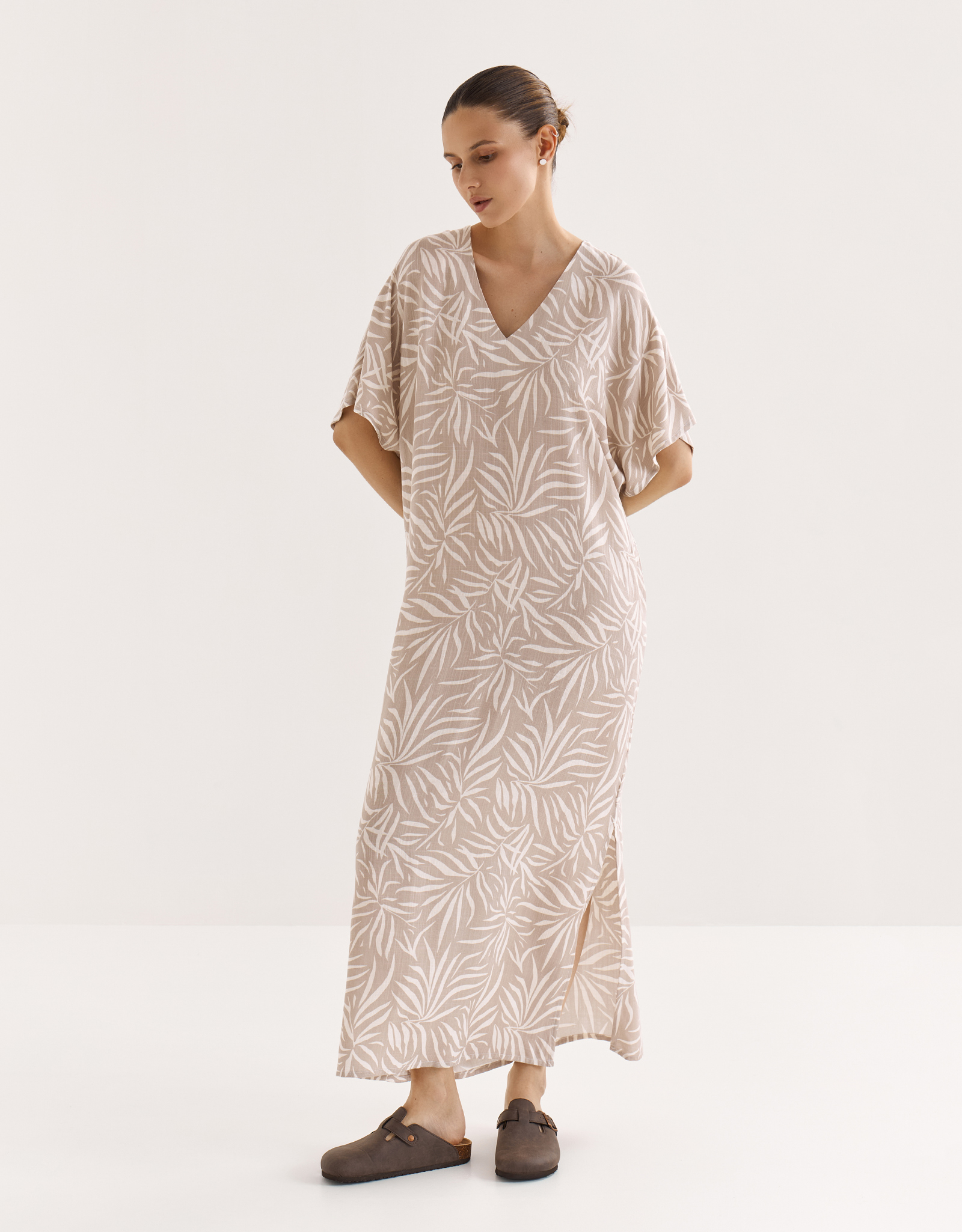Women's dress, maxi, size L, with short sleeves, viscose, sand, Almi, image-0