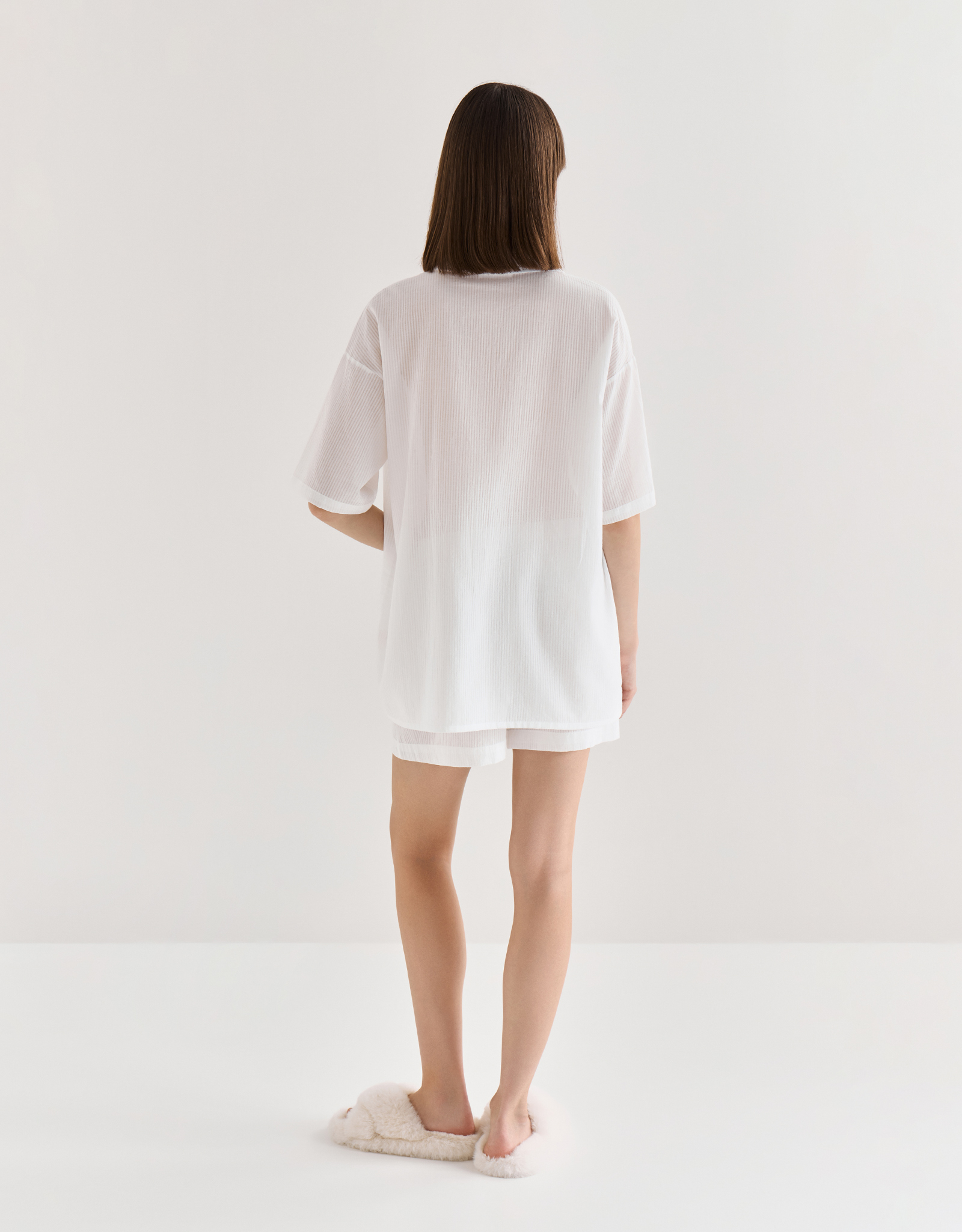 Women's shirt, homewear, size L, with short sleeves, cotton, white, Stripes, Leticia, image-4