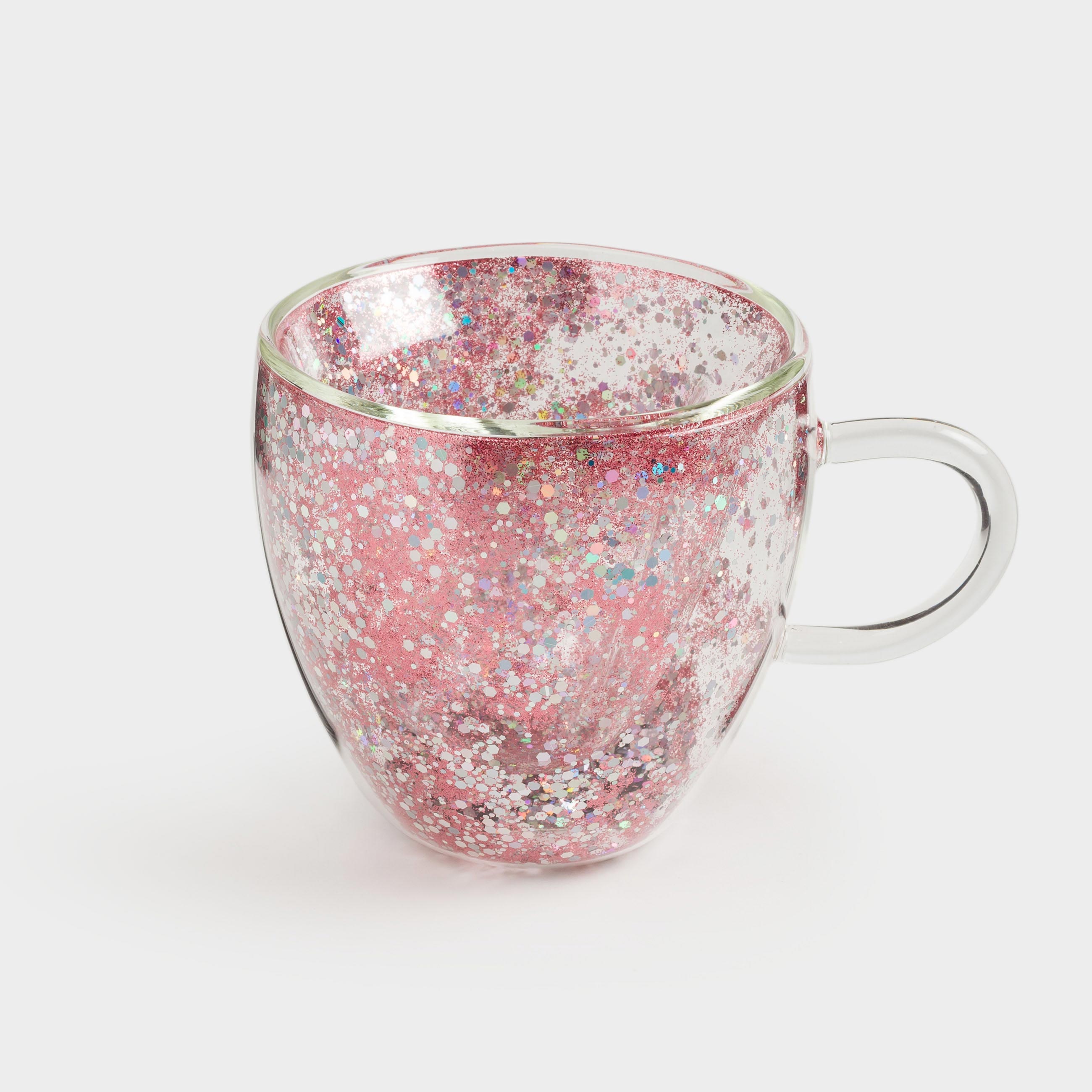 Mug, 250 ml, 2 pcs, glass B, with silver-pink sequins, Heart, Air sparkly, image-1