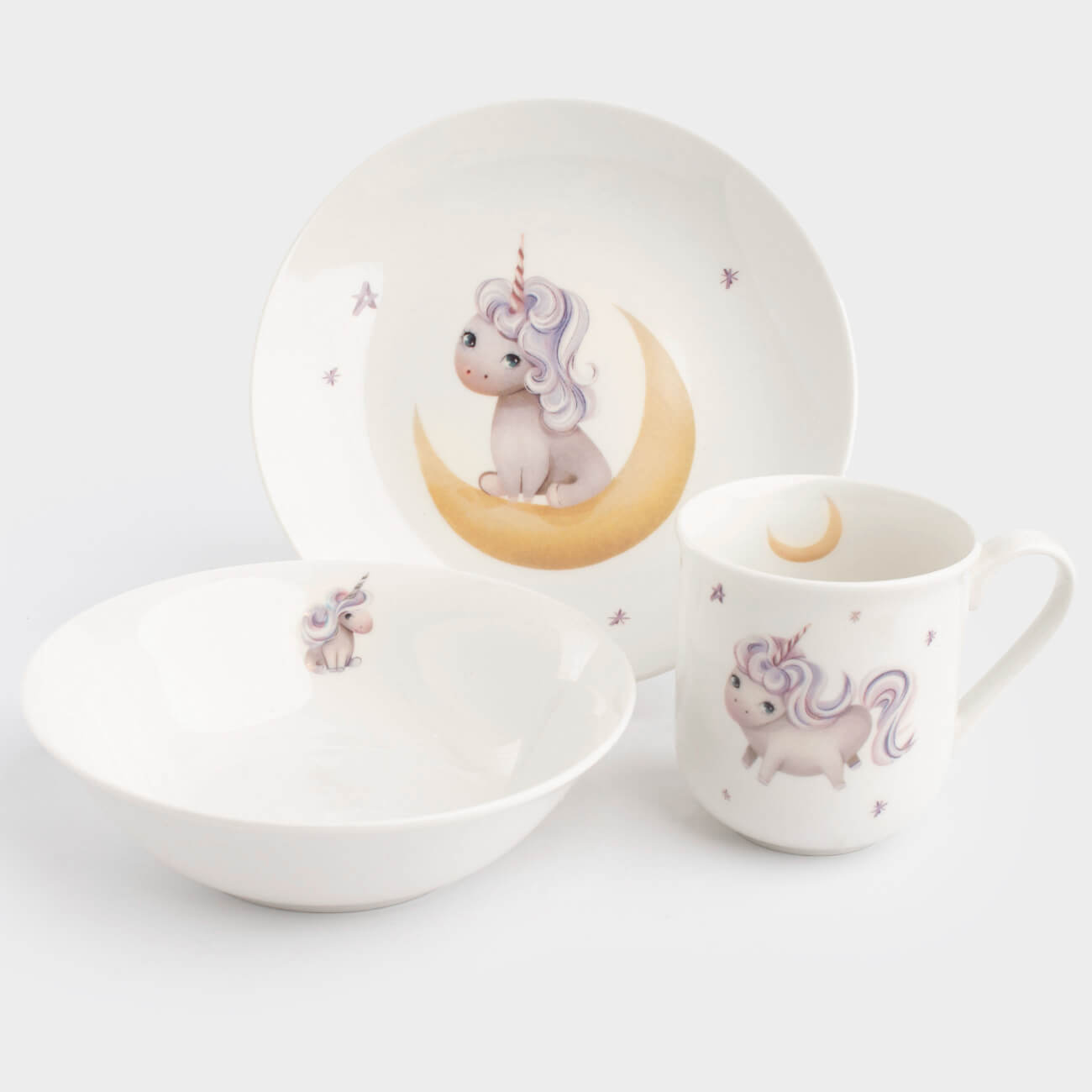 Children's tableware set, 3 items, porcelain N, white, Unicorn and month, Unicorn, image-0