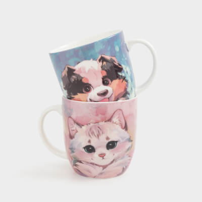 Mug, 350 ml, 2 pcs, porcelain F, blue / pink, Cat/Dog, Friends ,image-0