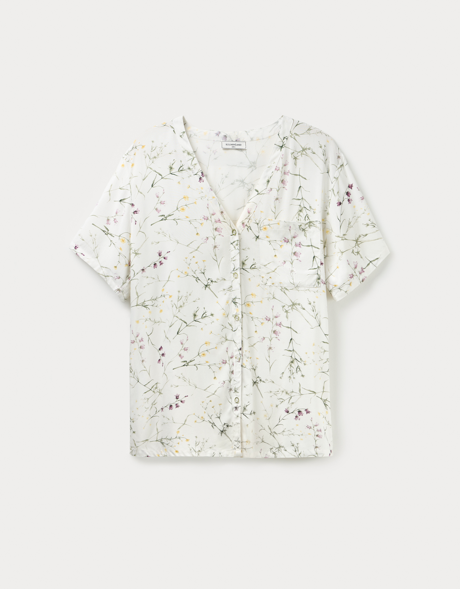Women's shirt, homewear, size L, with short sleeves, viscose, milky, wildflowers, Amina, image-8