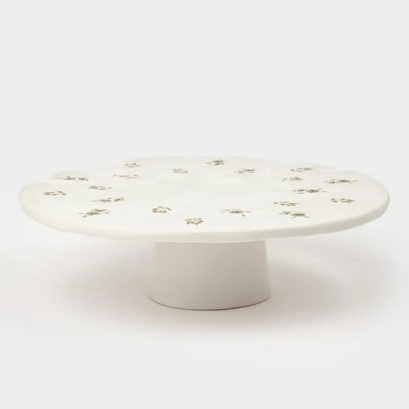 Dish on a leg, 23x7 cm, ceramic, milk, Vintage flowers, La flore ,image-0