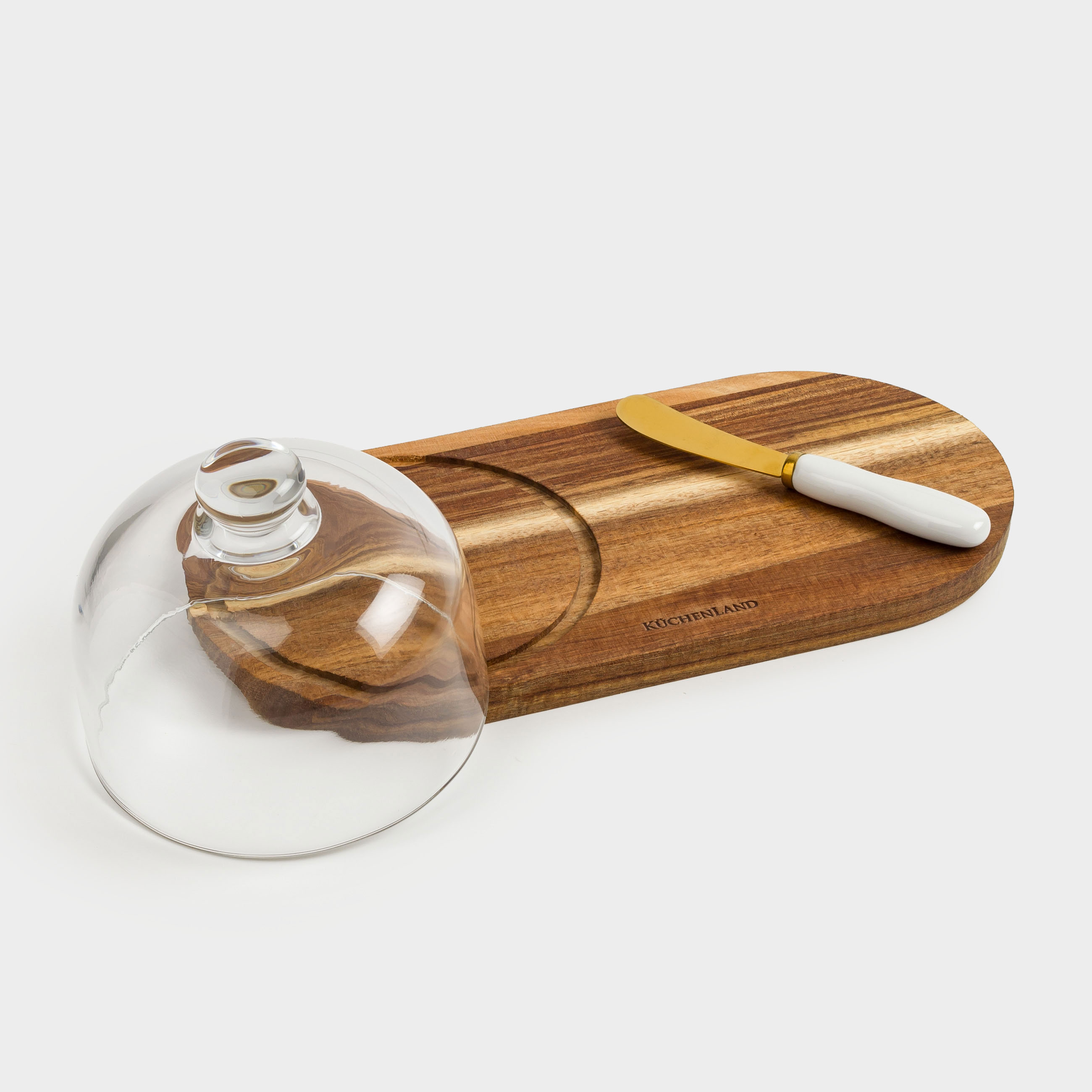 Cheese set, 3 items, dish board / dome, wood / steel / glass, Noble tree