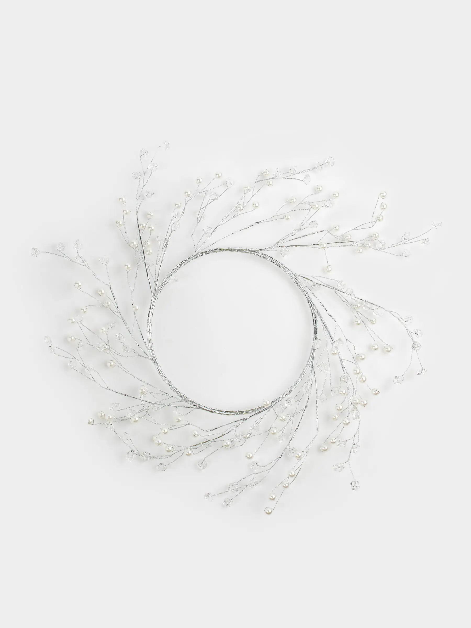 Decorative wreath, 15/30 cm, plastic / metal, Silver crystals with beads, Balls decor, image-0