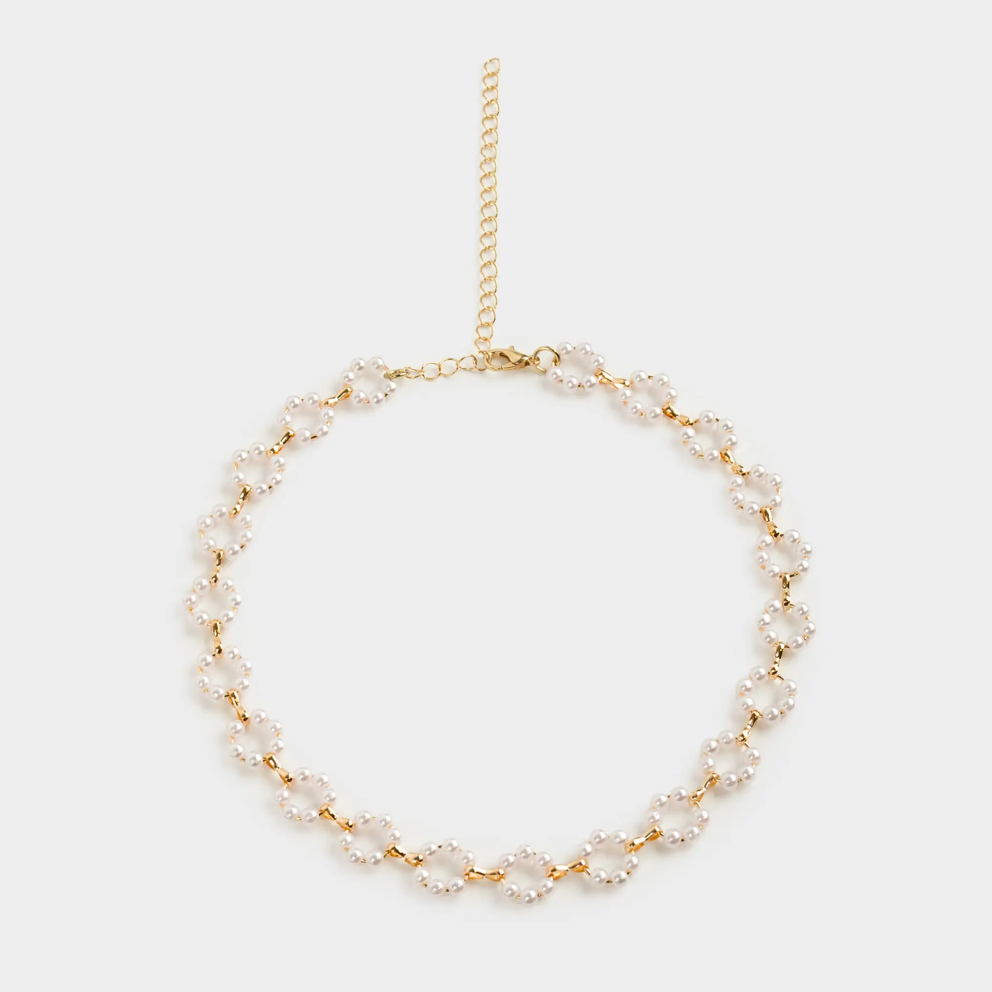 Chain, 46 cm, plastic / metal, white, Flowers from beads, Pearl