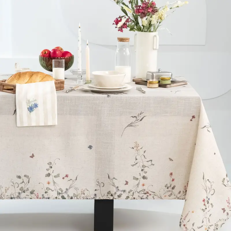 Tablecloth, 170x250 cm, polyester / linen, milky, Flowers and butterflies, Tiny flower ,image-0