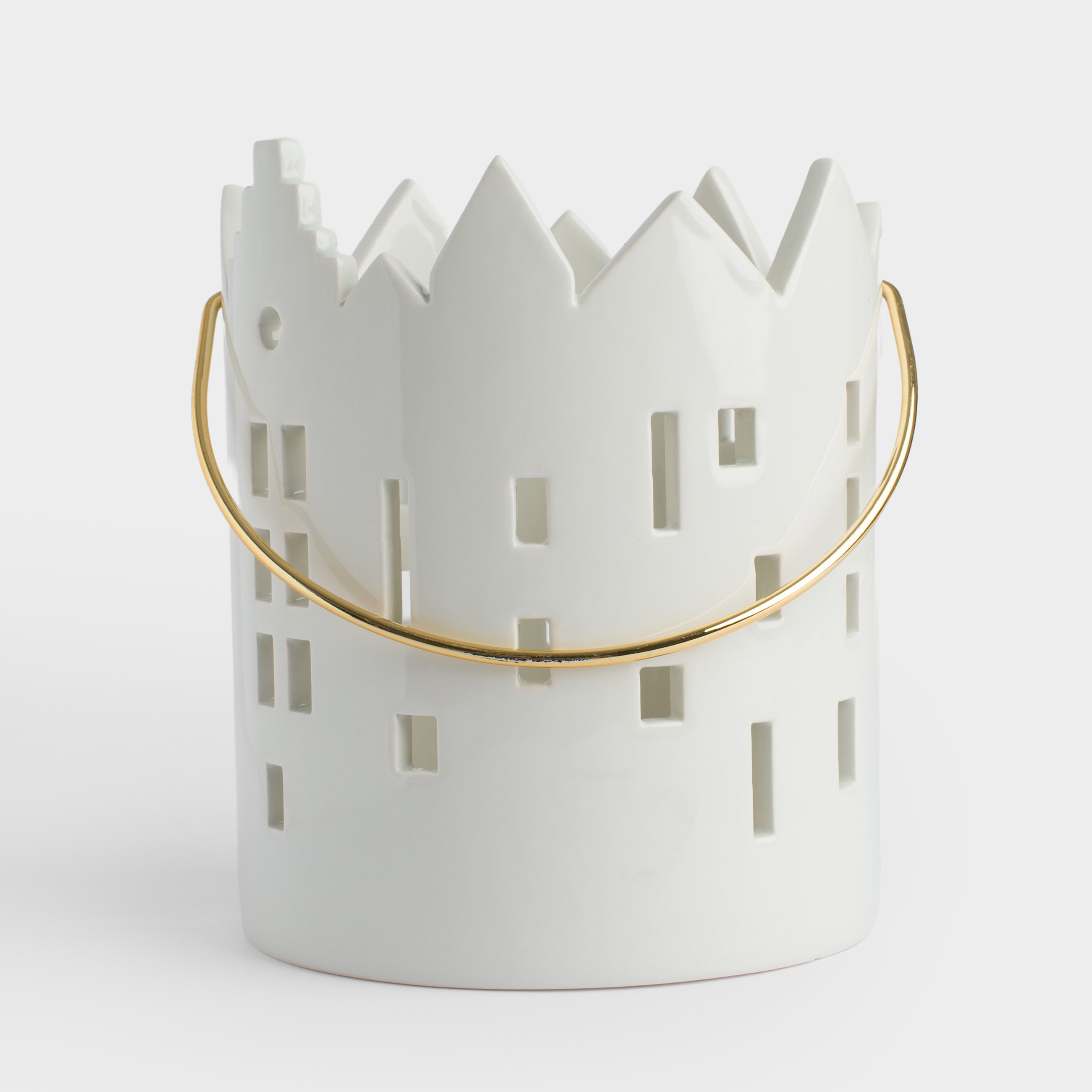 Candle holder, 15 cm, for tea candle, with handle, ceramic / metal, milky, House, Snow sparks