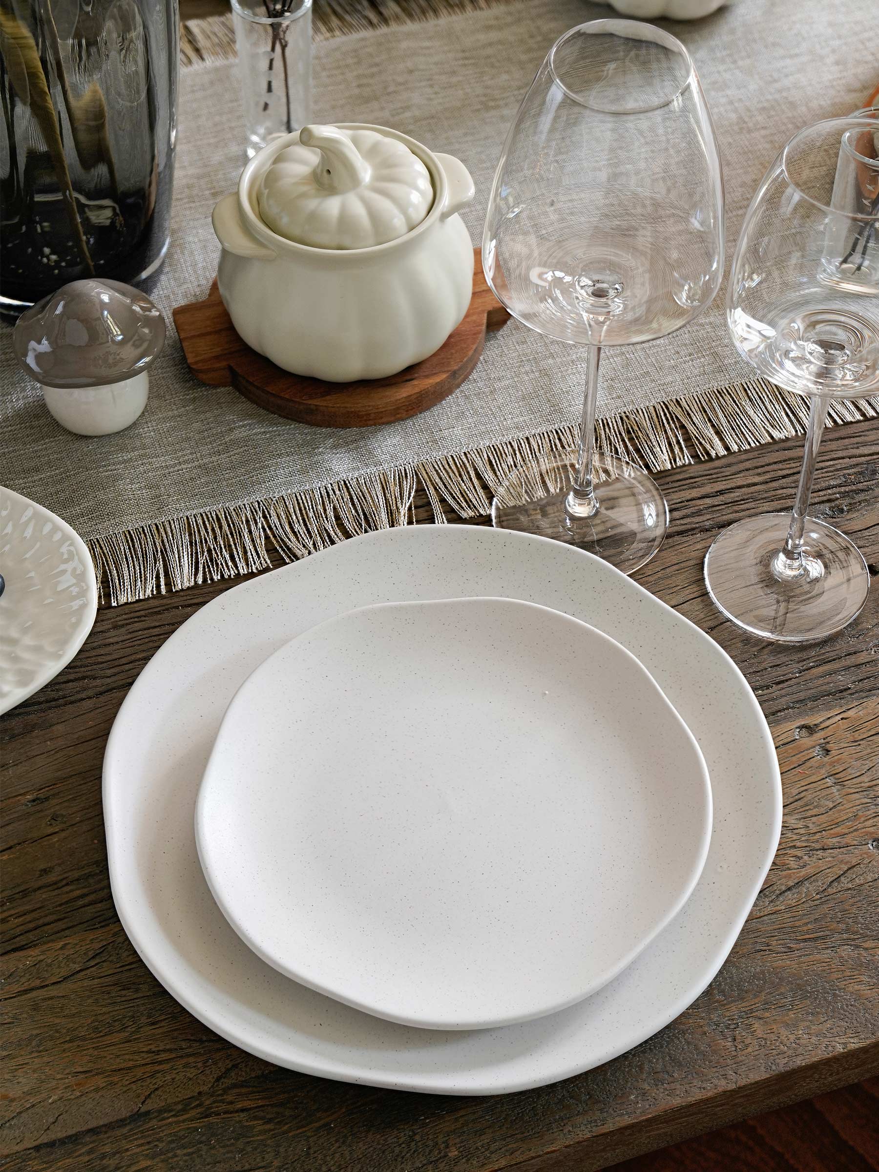 Dining set, 6 persons, 18 items, ceramic, milky, speckled, Uneven edge, Demicile light, image-8