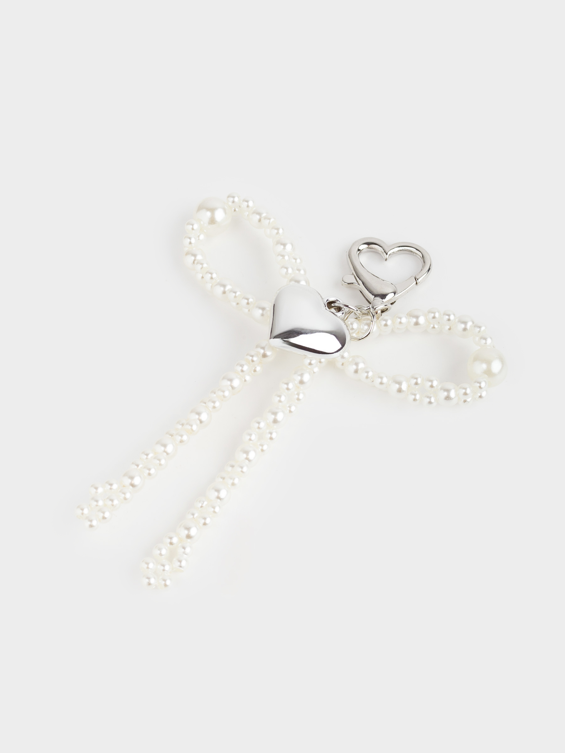 Keychain, 9 cm, acrylic / metal, Silver, Heart and beads, Pearl heart, image-1
